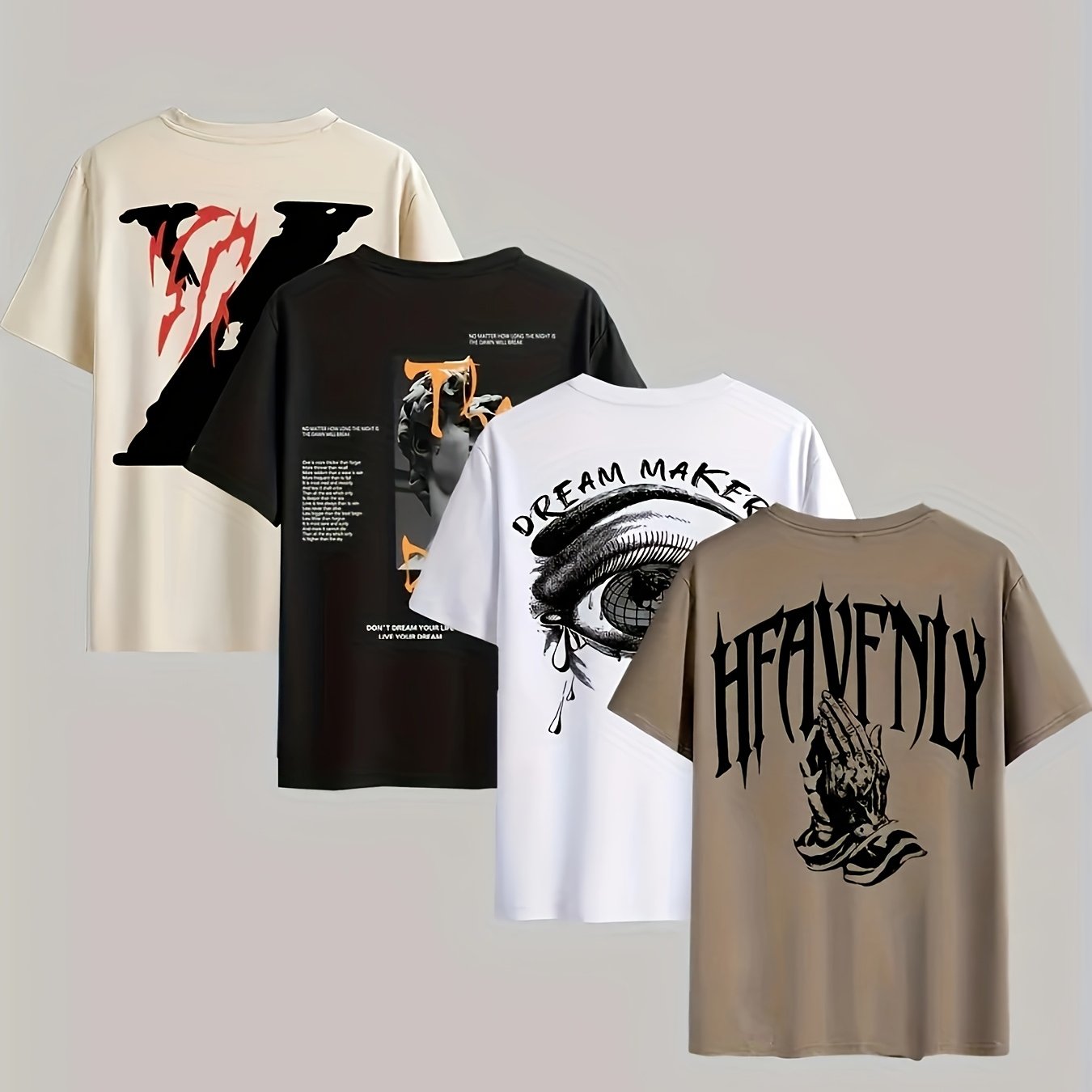 4pcs Men's Casual 3D Graphic T-Shirts - Bold Letter Abstract Print Short Sleeve Tees, Regular Fit Round Neck, Machine Washable, All-Season Comfort, 4 Color Options, T Shirts Graphic, Edgy Streetwear, Nontransparent Fabric