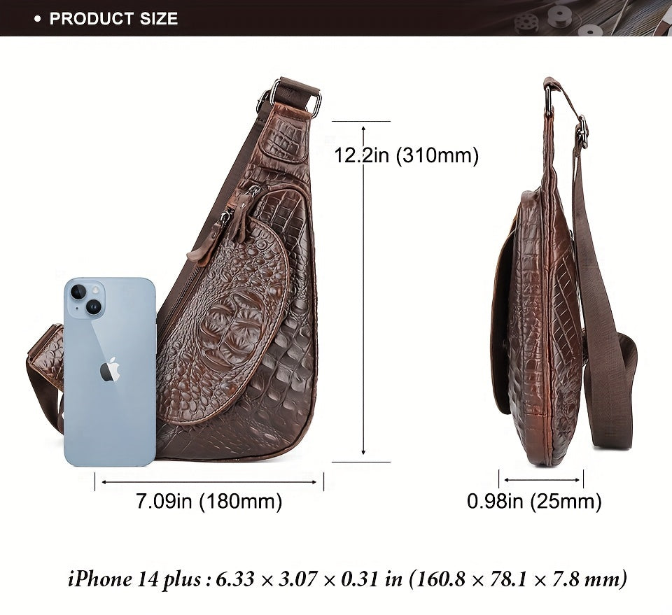 HUMERPAUL Men'S Casual Brown Leather Crossbody Bag with Alligator Print - Adjustable Strap, Multi-Compartment, Everyday Commute Shoulder Bag, Everyday Bag Casual Style Bag Adjustable Strap Bag