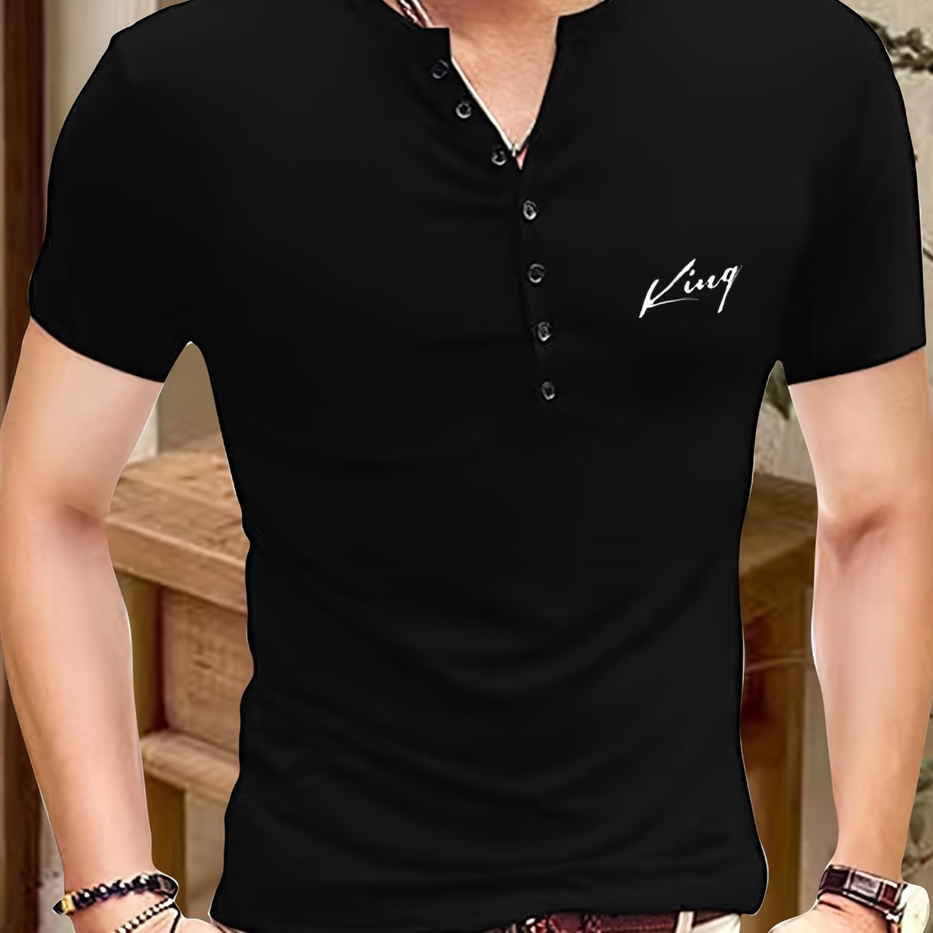 Cen Han Selection Men's Stretch Polyester-Spandex Blend Short Sleeve T-Shirt - Athletic Fit Small V-Neck Casual Top with Chest Logo Print for Summer Workouts Casual Attire