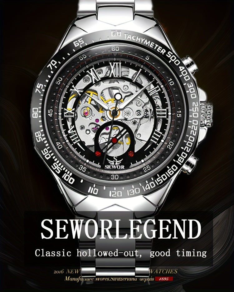 Fashion Statement, Men's Luxury Automatic Mechanical Watch - Elegant Stainless Steel Band, Multi-Function with Sun, Moon, and Stars Display, Transparent Back for Sophisticated Style