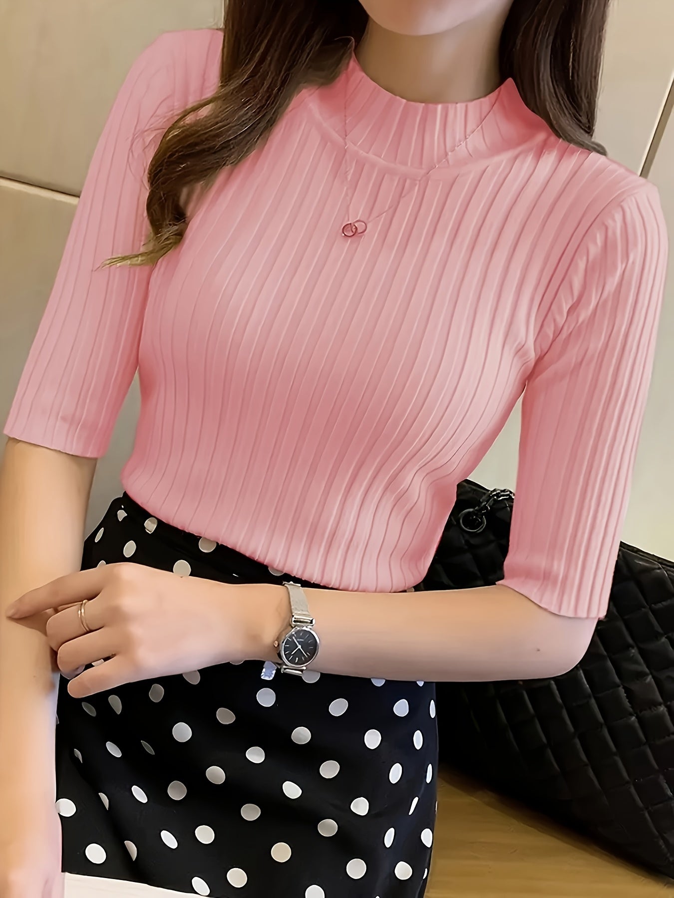 Women's Elegant Solid Color Ribbed Pullover Top - Short Sleeve Regular Fit Machine-Washable All-Season Versatile Blouse for Casual & Formal Wear