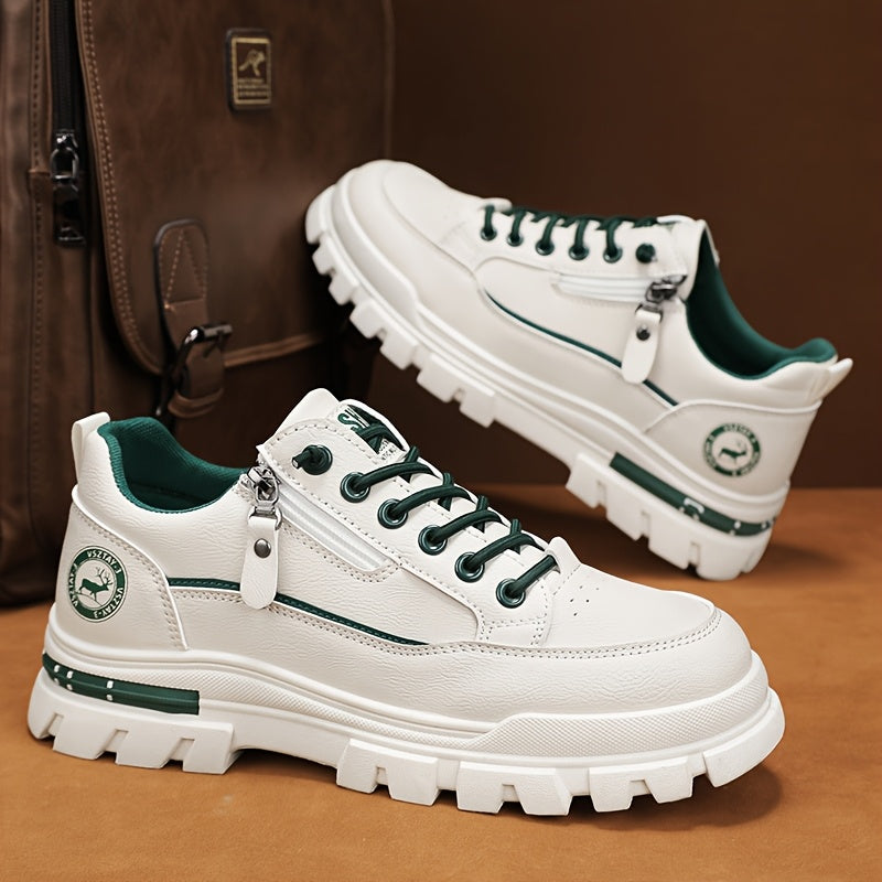 Men's Casual Sneakers - White Green Low-Top Design, Comfortable PU Upper with Fabric Lining, Durable PVC Sole, Perfect for Casual Attire and Sports