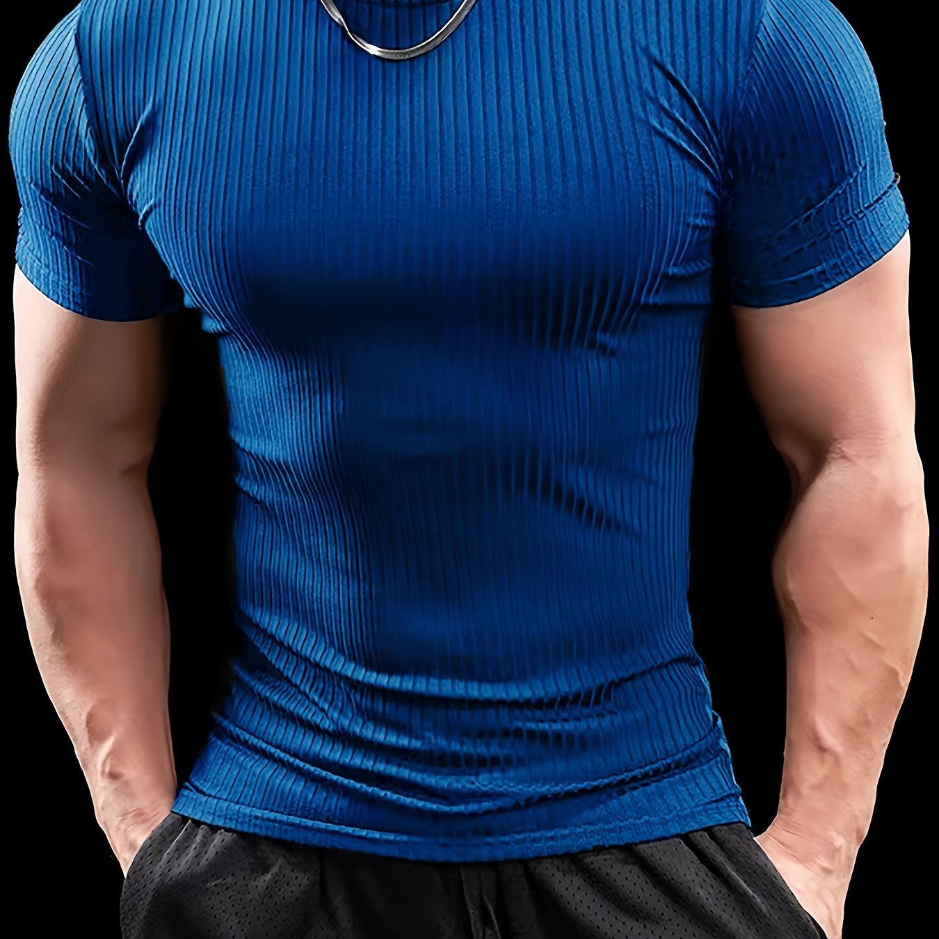 Men's Stretch Fit Short Sleeve T-Shirt - Breathable, Comfortable Polyester Blend, Solid Blue, Crew Neck, Casual Sporty Style for Spring/Summer