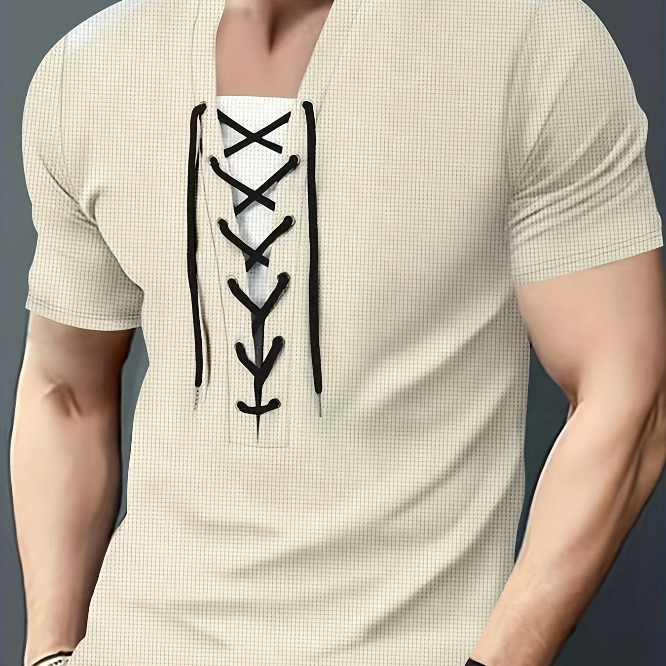Men'S Casual Waffle Knit Short Sleeve T-Shirt with Drawstring Detail - Maroon Black, Round Neck, Breathable Polyester Fabric for Summer Outings, Casual Weekend Wear Round Neck Tee Stylish Contrast Stitchin