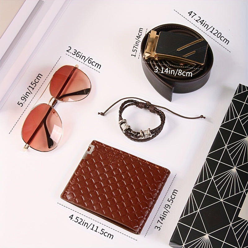 5pcs Men'S Gift Set: Automatic Buckle Belt, Exquisite Fashion Glasses, Bracelet, Stylish Wallet, with Gift Box. Fashionable Set, Essential for Trendy Men