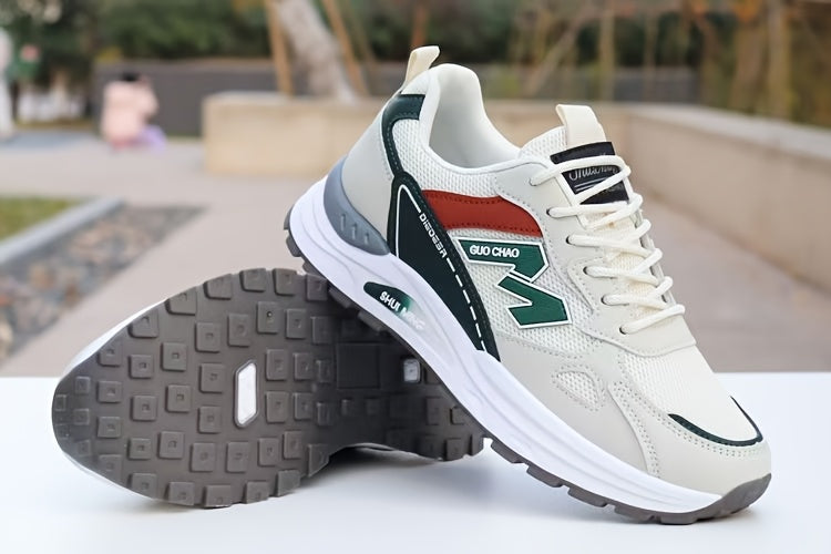 Men's Breathable Mesh Running Sneakers - Durable, Anti-Slip, Odor-Resistant Casual Shoes with Rubber Sole for Spring Fall, Low-Top Lace-Up Design in White, Black Green