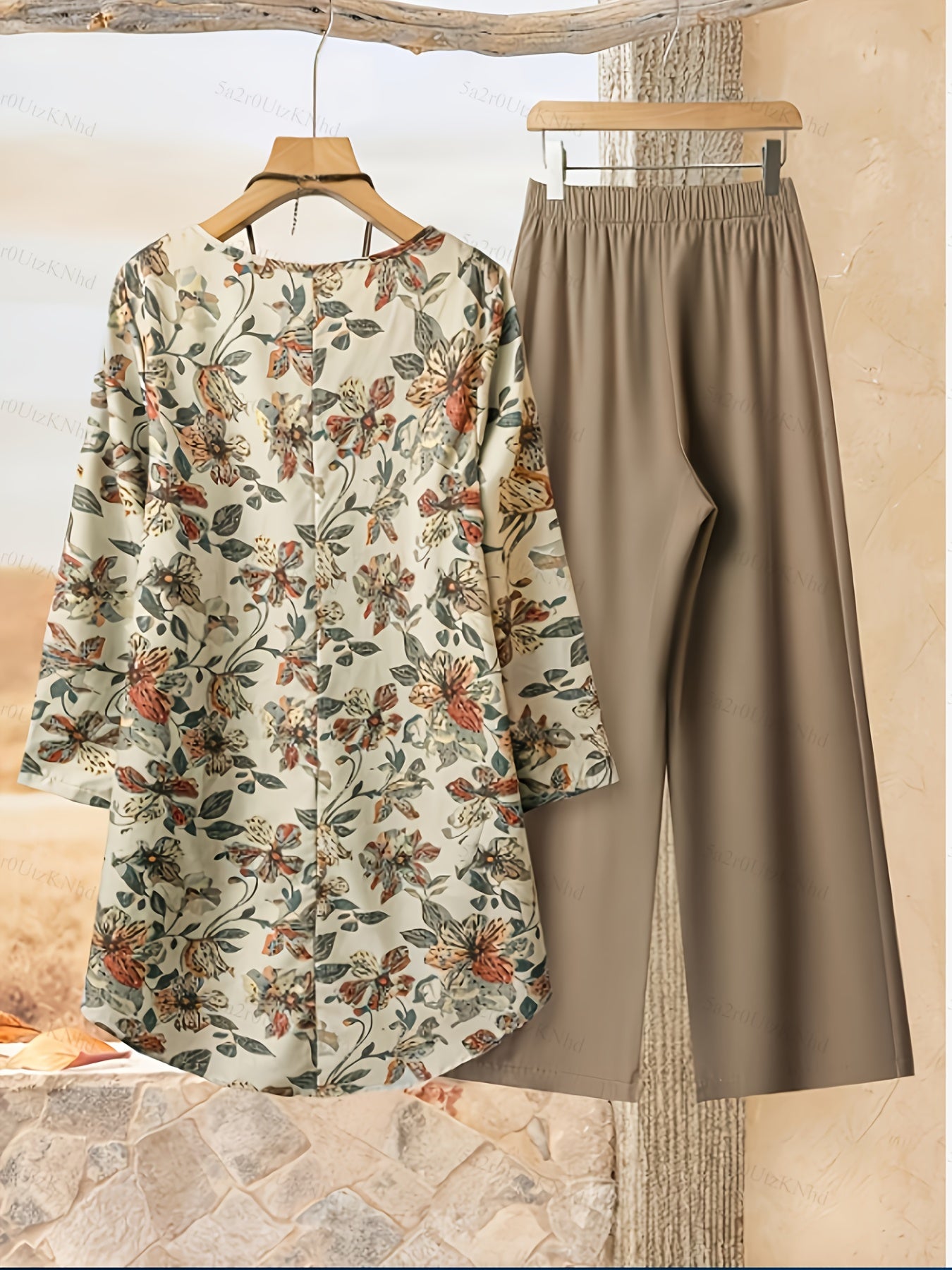 Women's Fashion Set with Floral Print Top and Khaki Pants