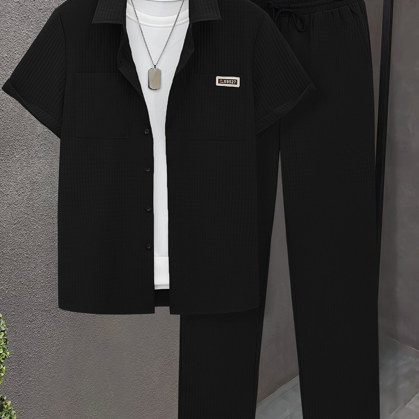 Summer Men'S Casual Bread Pattern Texture Short Sleeve Long Pants Shirt Set, 100% Polyester, Double Pocket Shirt, Turnover Woven Top Can Be Machine Washed and Dry Cleaned