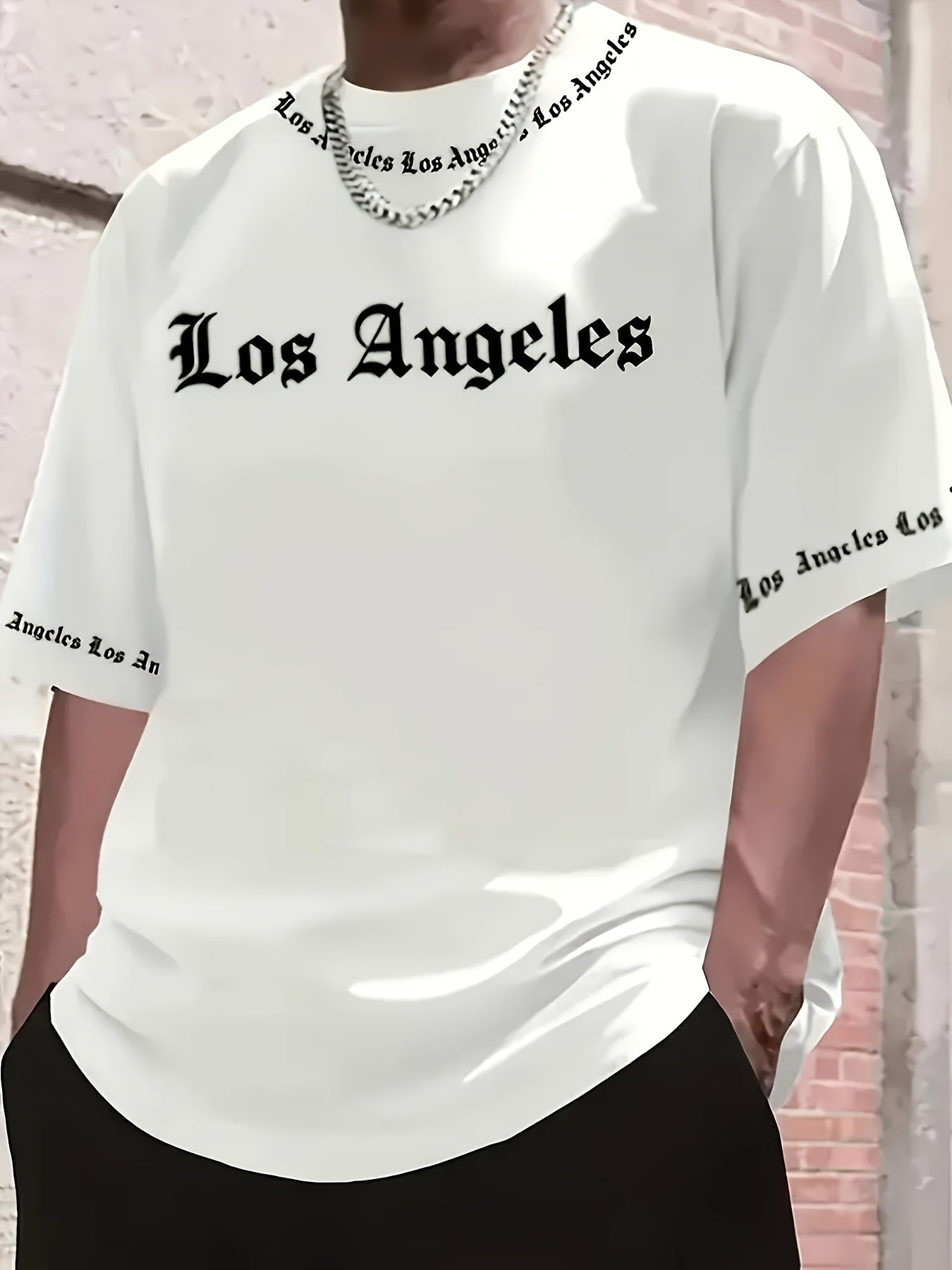 Los Angeles English Pattern Men's Short Sleeve Shirt + Casual Sport Set, Breathable Soft Summer Outfit with Pocketed Shirt and Drawstring Shorts