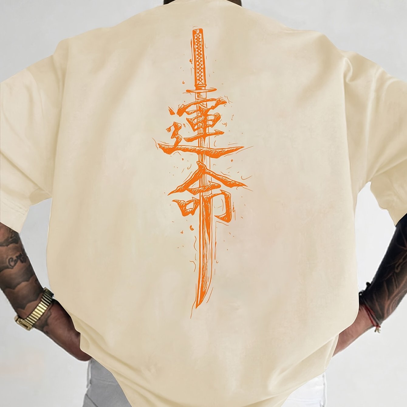 Men'S Japanese Samurai Sword Graphic T-Shirt - Casual Loose Fit Crew Neck, Short Sleeve Tee with Red Stylized Japanese Katanas Design, Breathable Polyester for Spring Summer Outdoor Wear