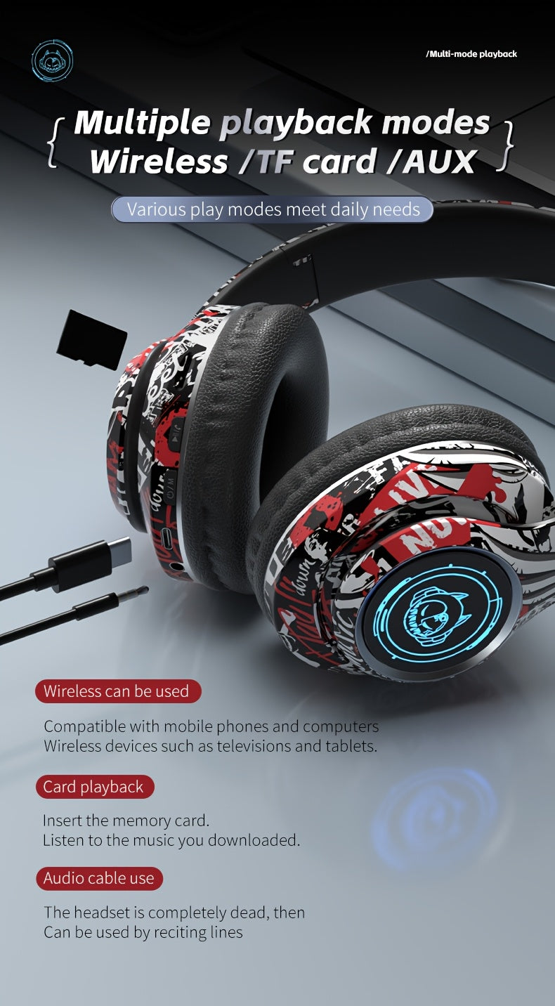 Wireless Headset with Shocking Sound, HIFI Sound Quality, 50 Hours Battery Life, Support Card Playback, Wired/Wireless Connection, RGB Luminous Lamp Effect, New Upgrade/Physical Noise Reduction, Acoustic Fidelity, Non-Inducti