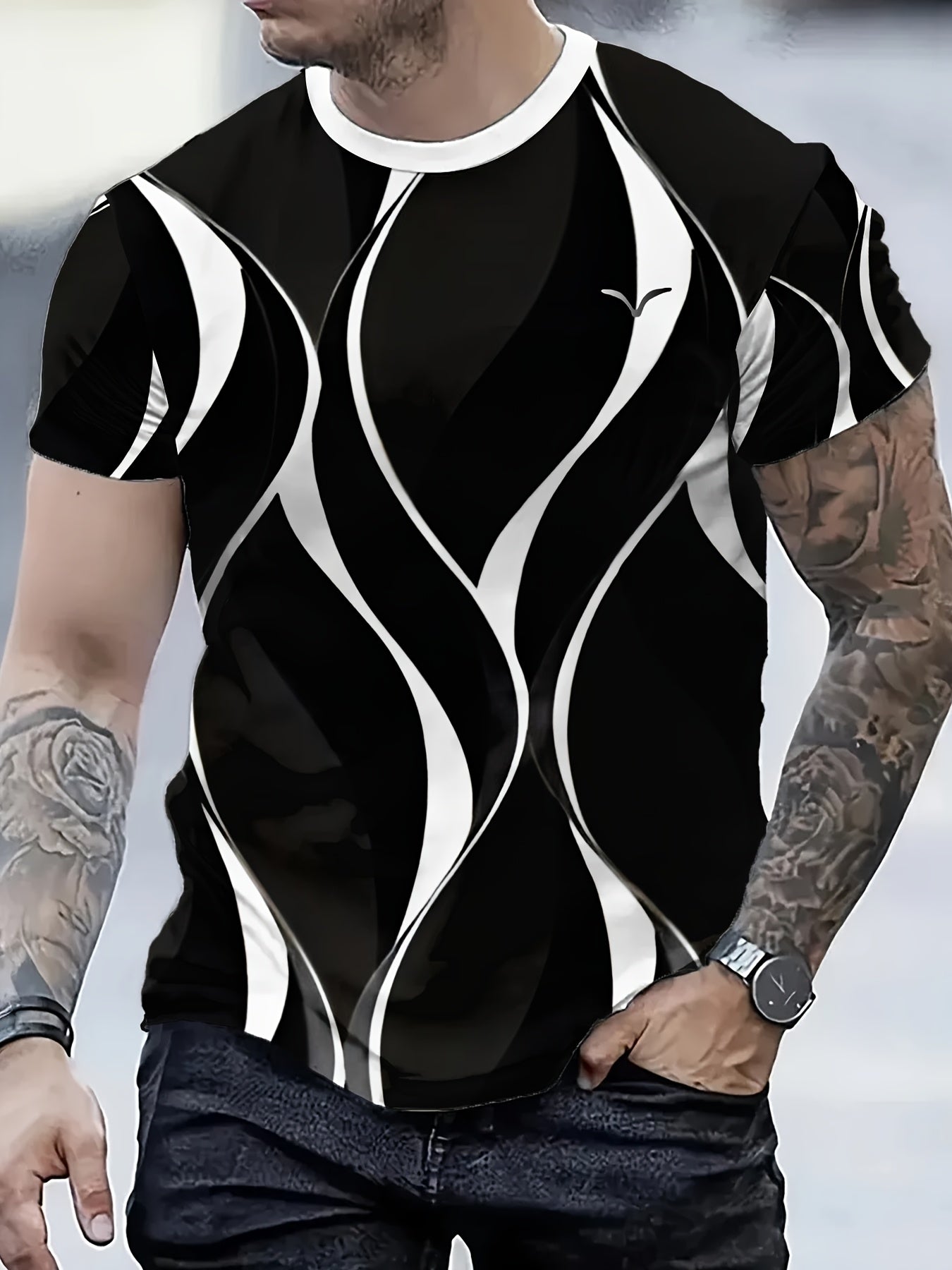 Men'S 3D Lightning Print T-Shirt, Casual Crew Neck Short Sleeve Tee, Summer Knit Polyester Blend Top, Slight Stretch, Black White Geometric Pattern, Regular Fit, Fashionable Tshirt Modern Casual Style Polyester Blend