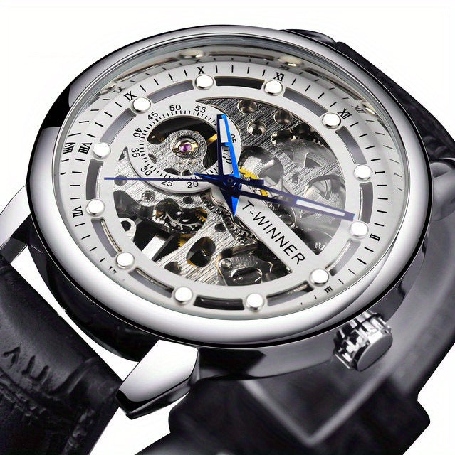 Men'S Luxury Mechanical Skeleton Watch with Golden-Tone Alloy Case & Faux Leather Strap - Mechanical Hand-Wind, World Time, Date Display, Elegant Fashion Accessory for Casual Attire, Mechanical Watch, Sophisticated Design, In