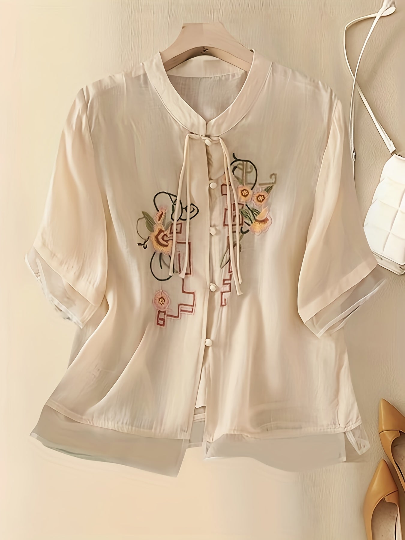 New Season Women'S High-End Shirt with Chinese Style Prints And Solid Color Long Pants Two-Piece Set.