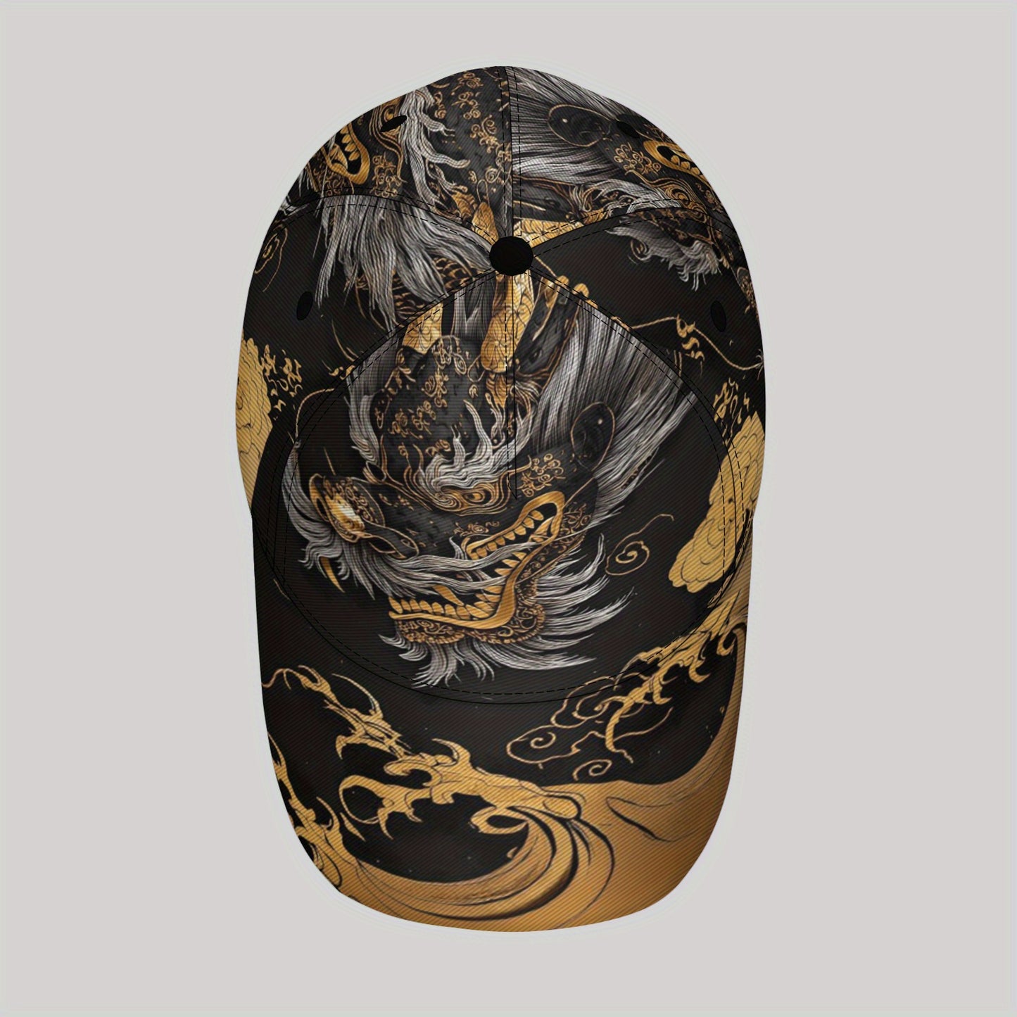 Stylish Dragon & Floral Print Baseball Cap - Breathable Lightweight Unisex Hat for Outdoor Sports, Casual Wear & Lunar New Year Festivities, Black with Golden/White Accents, Festive Headwear, Vibrant Patterned Cap, Comfortabl