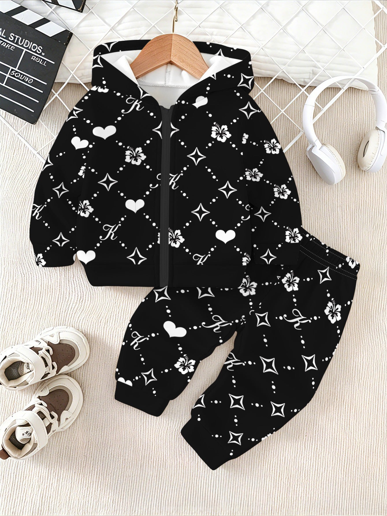Girls' Floral Zip-Up Hoodie Set Lightweight Casual Spring/Fall