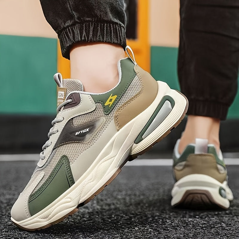 Men'S Casual Sports Shoes - Thick-Soled Lace-Up Sneakers with Synthetic Upper, Cushioned EVA Insole PVC Sole for Outdoor Hiking, Running, Gym - All-Season Comfort in Beige/Black, Brown/White, Green/White, Versatile Trainers