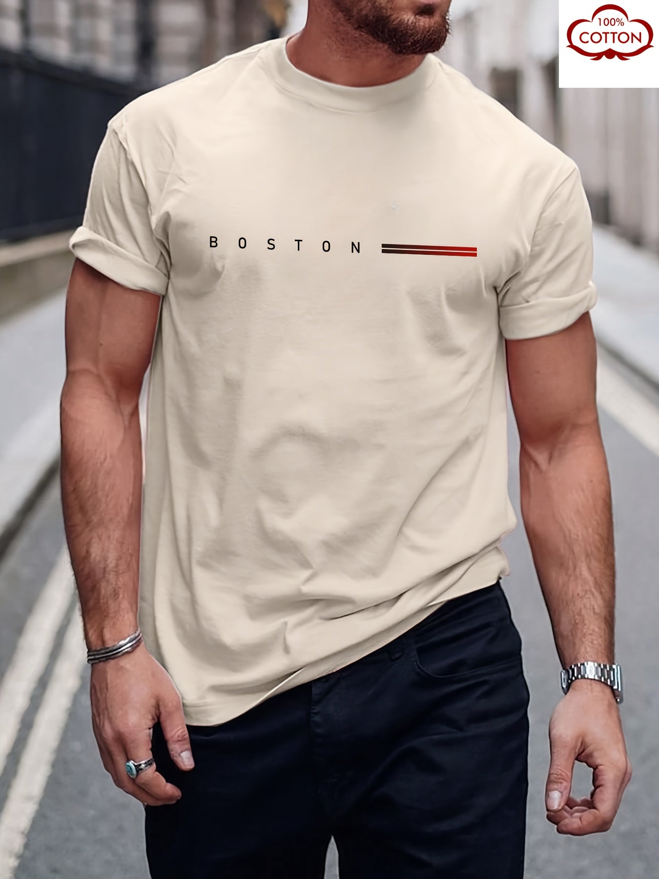 Men's Heavyweight 180gsm Cotton T-Shirt - Dark Gray Crew Neck Tee with Bold "Boston" Print, All-Season Everyday Formal Shirt for Men - Machine Washable Luxury Casual Top, Versatile Clothing, Modern Design, Premium Fabric, S