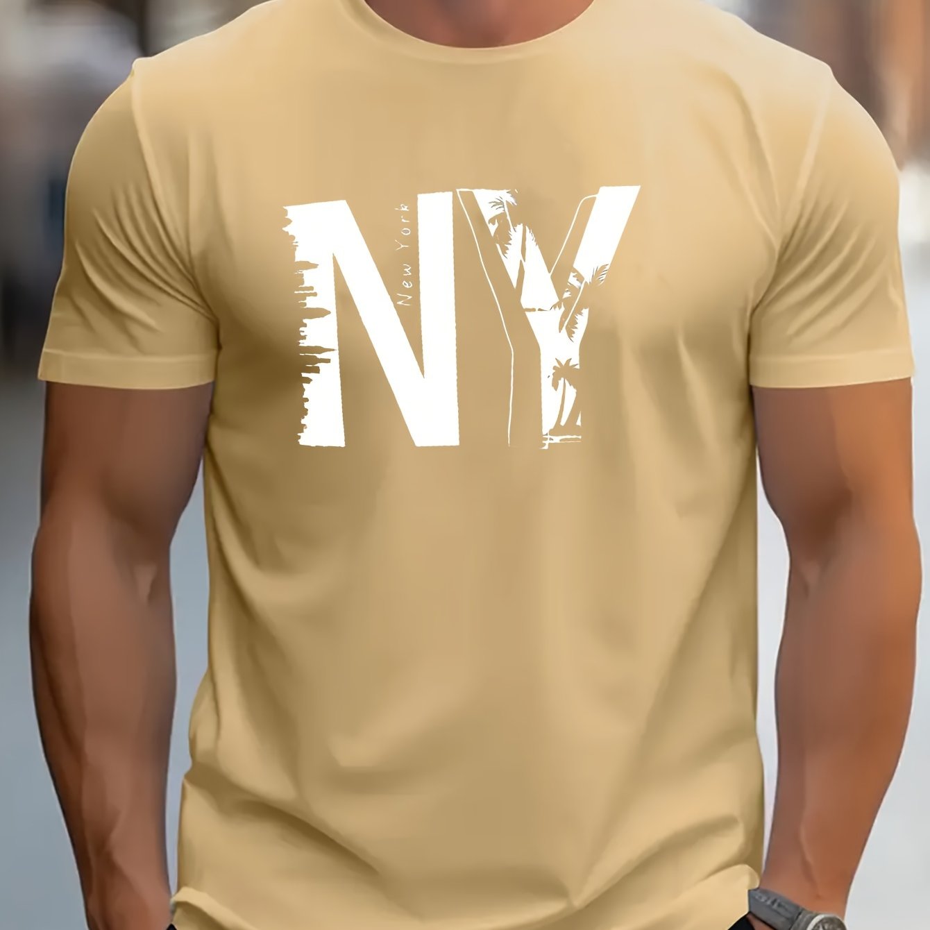 1pc Men'S Casual Cotton Blend T-Shirt with Letter Print, Round Neck, Regular Fit for Summer - Black, Navy, Red