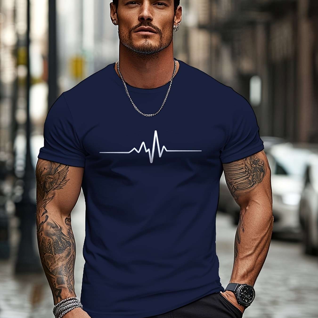 Men'S Brown T-Shirt with ECG Heartbeat Graphic - Casual Streetwear, Short Sleeve, Round Neck, Stretch Fabric, All-Season Comfort, Casual Streetwear Tee Round Neck Tshirt Comfortable Fit
