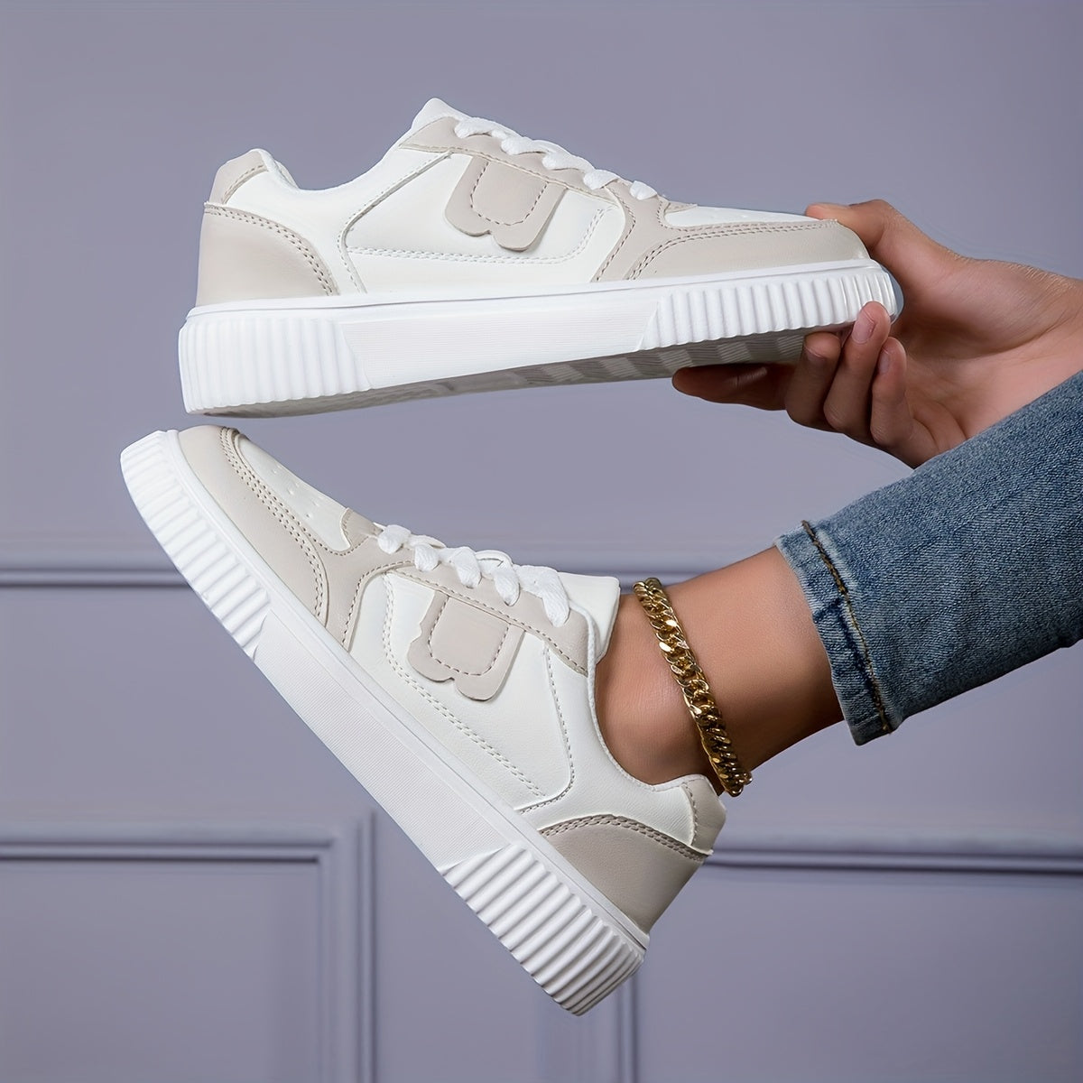 Women's Plus Size Lightweight Casual Sneakers - Thick Sole Slip-Resistant EVA Sole, Breathable Mesh Lining, Round Toe Lace-Up Design, All-Season Comfort, Two-Tone Color Options (White/Brown)