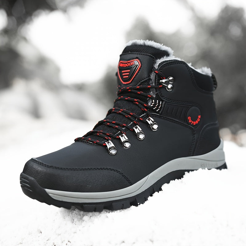 Men'S Winter Snow Warm Hiking Boots, Plush Ankle Boots, Lace-Up Outdoor Trend Style, Suitable for Hiking on Snowy Ground