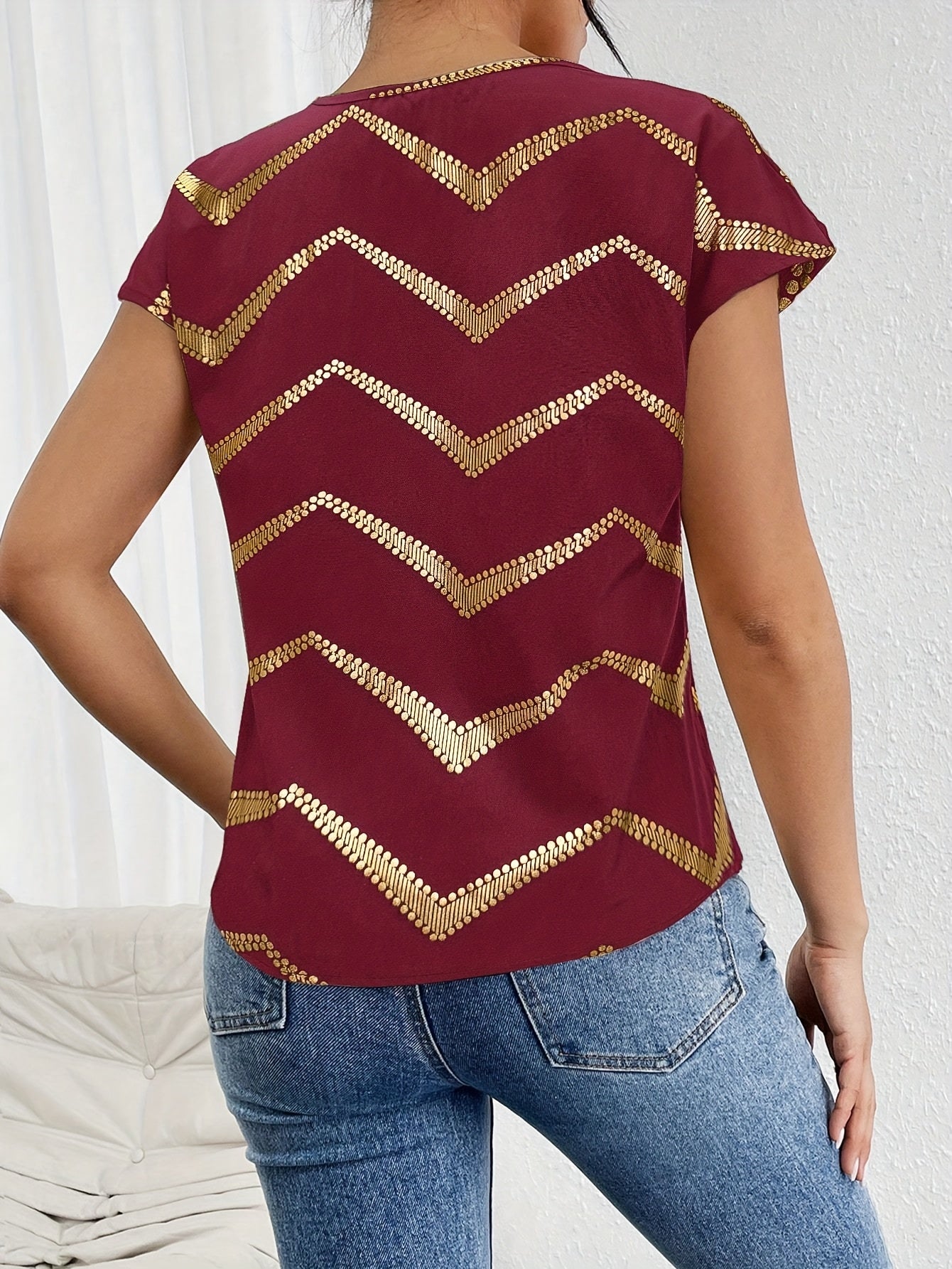 Women's Elegant Batwing T-Shirt - Black with Golden Geometric Print, Stretchy Polyester-Spandex Blend, Round Neck Casual Top for Spring Summer Fall, Machine Washable for Parties Dates Casual Attire