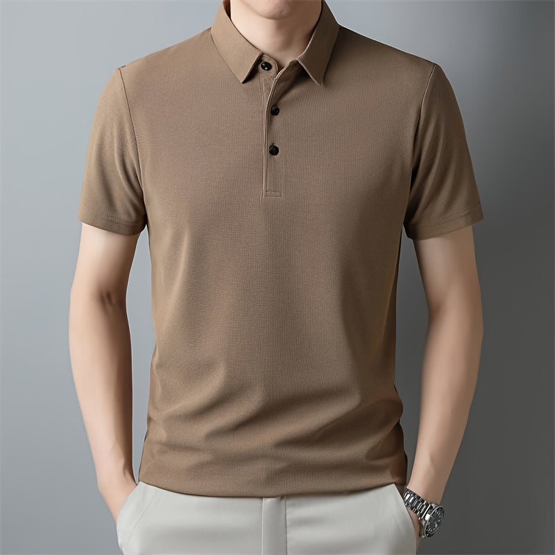 Men's Solid Short Sleeve And Lapel Collar Henley Shirt, Casual And Comfy Sports Tops For Summer Golf Wear And Outdoors Activities