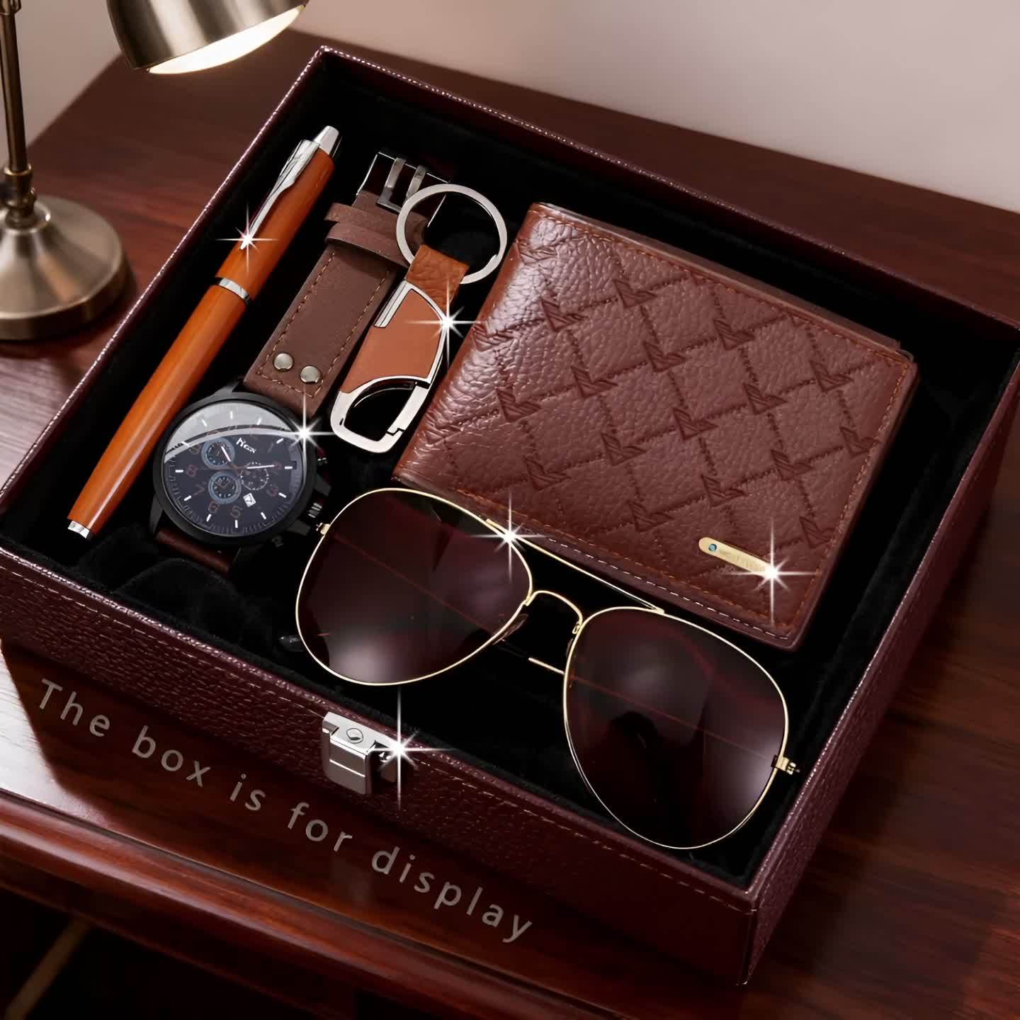 5pcs Men's Luxury Brown Watch & Accessory Gift Set - Elegant Quartz Watch with Matching Wallet, Pen, Keychain & Fashion Glasses for Dad, Business or Casual Outfits - Perfect Christmas, Father's Day Present (Sophisticated Time