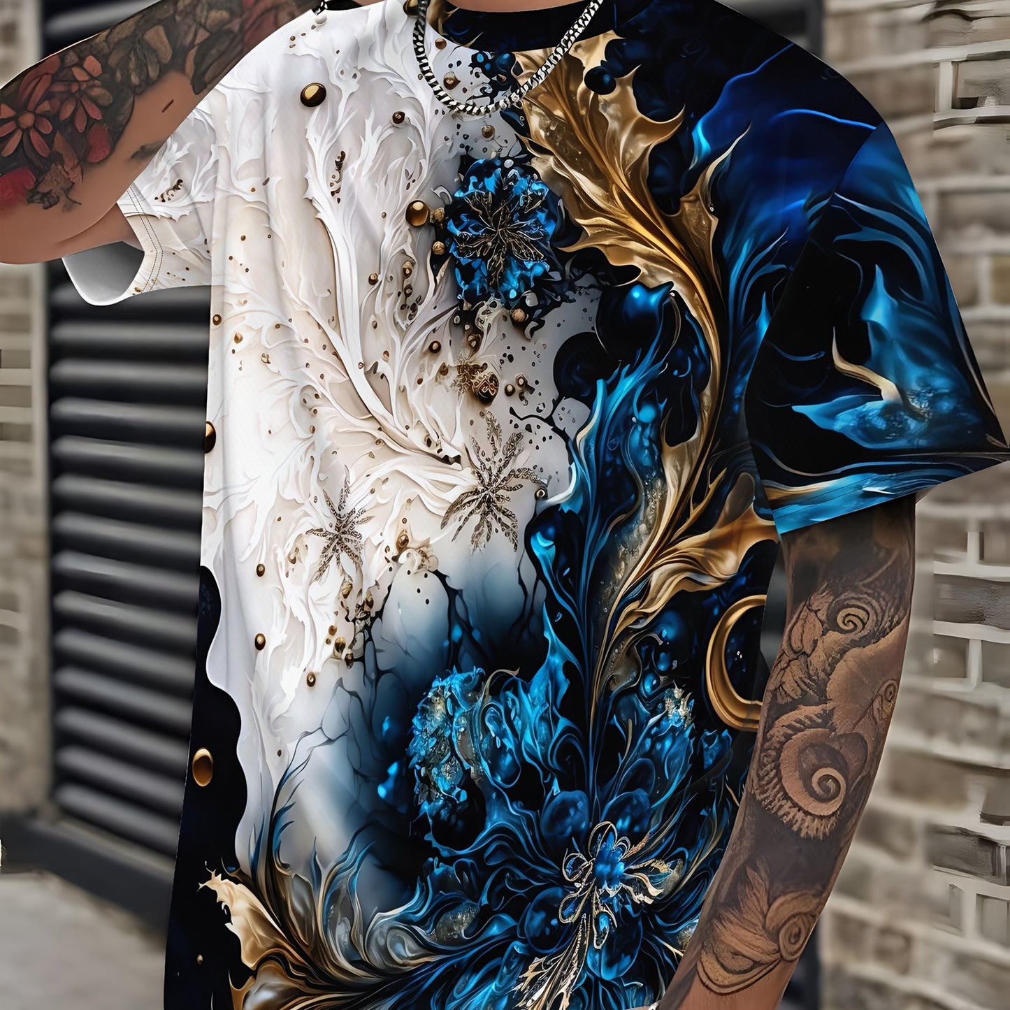 Men's Casual Short Sleeve T-Shirt with Dual-Sided Digital Print - White Blue/Golden Floral Design, Breathable Round Neck Tee, Machine Washable Regular Fit for Casual Attire, Streetwear Style, Bold Pattern, Lightweight Tee,