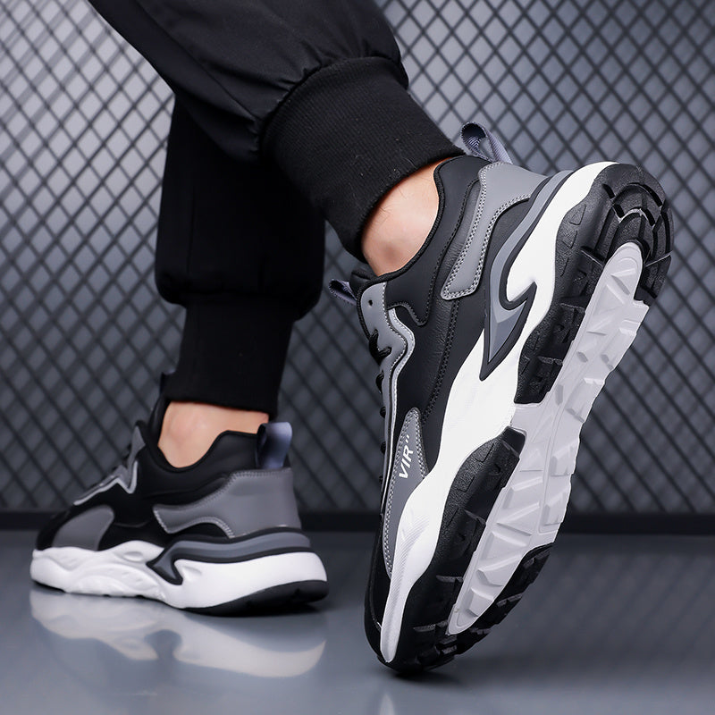 Men's Stylish Color-Block Sneakers - Black Gray with White Accents, Comfortable All-Day Wear, Durable Rubber Sole, Lace-Up Design, Trendy Low-Top Style for Casual or Athletic Use, Casual Sneakers Fashion Sneakers Pu Mat