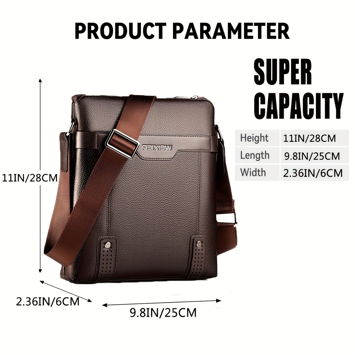 WEIXIER Men's Fashion Crossbody Bag - Adjustable Strap, Faux Leather, Deep Brown Casual Street Style Shoulder Bag for Outings