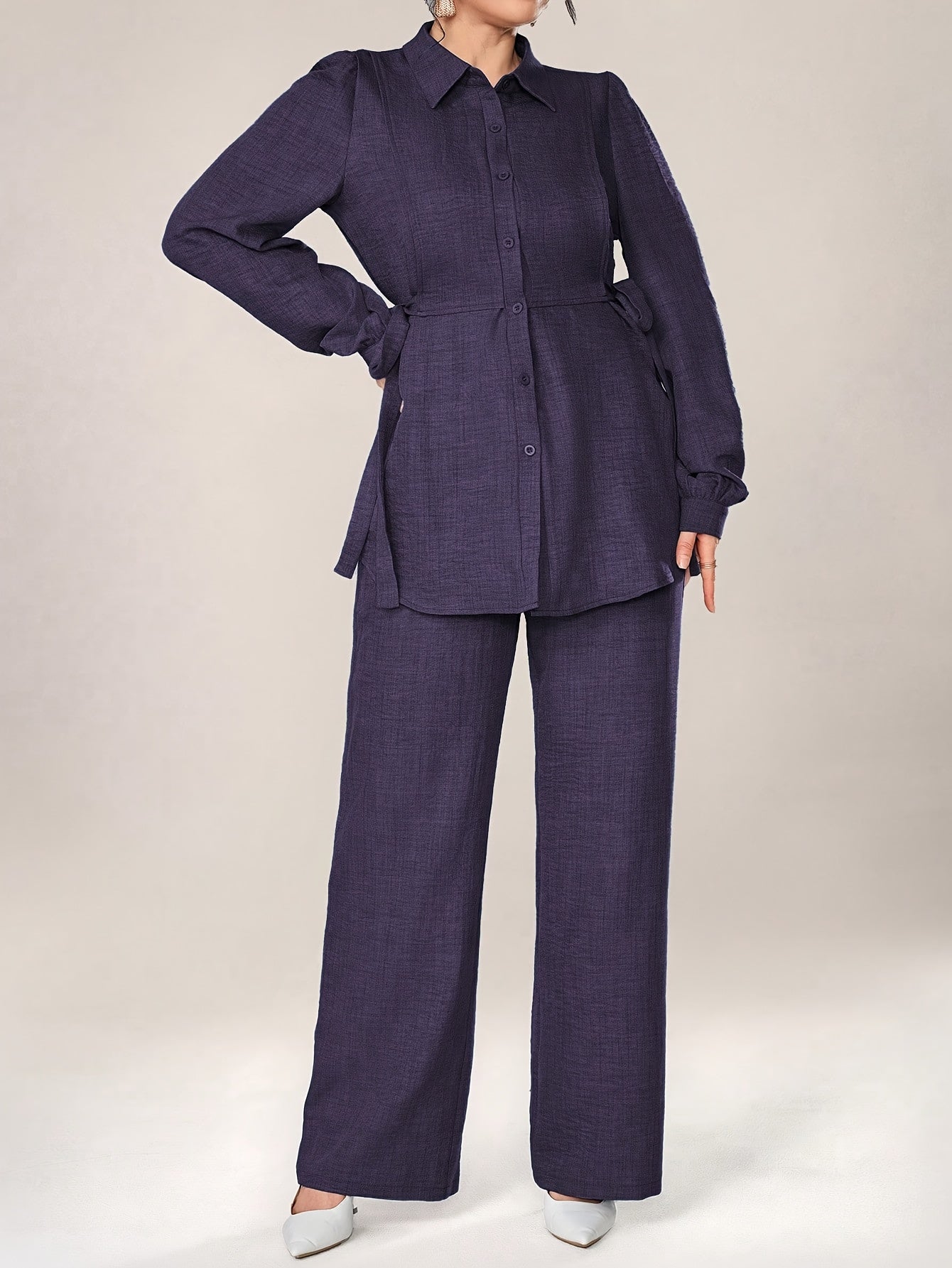 Stylish and Elegant Casual Two-Piece Women's Outfit with Side Tie Single-Breasted Shirt and Wide-Leg Pants for Office Wear