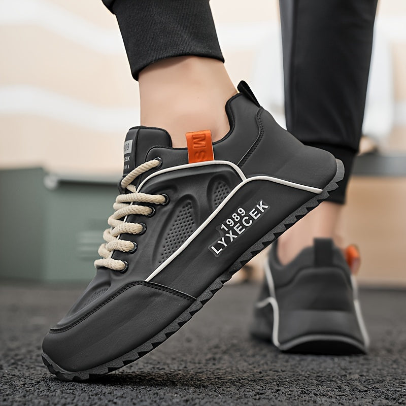 LYXCEK Men's Summer Casual Running Shoes - Trendy Chunky Sneakers with Height Boost, Black Beige, Lace-Up, Breathable Fabric Lining, Non-Slip PVC Sole, Fit