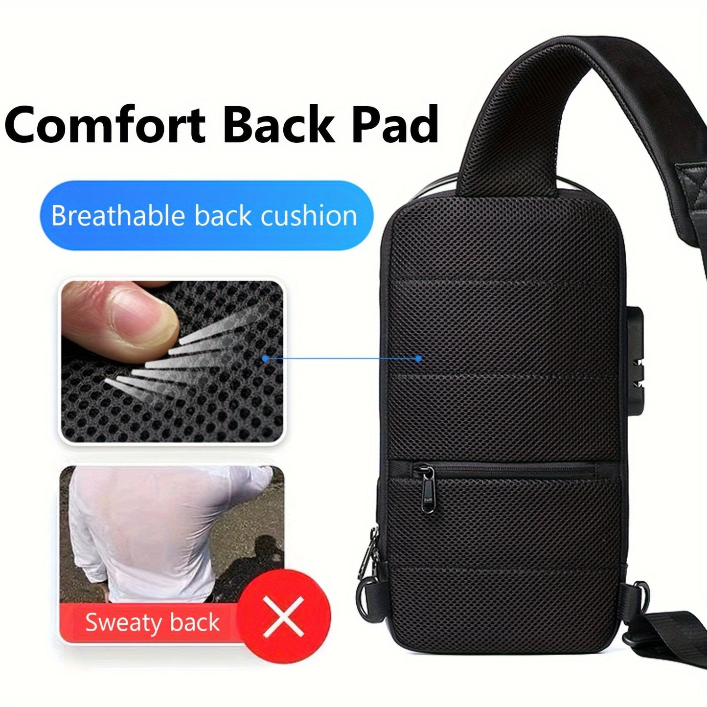 Men's Lightweight Crossbody Backpack with USB Charging Port Password Lock, Adjustable Anti-Theft Shoulder Bag for Travel, Commuting, Daily Use - Durable Polyester Casual Daypack, Secure Travel Bag Minimalist Backpack Sl