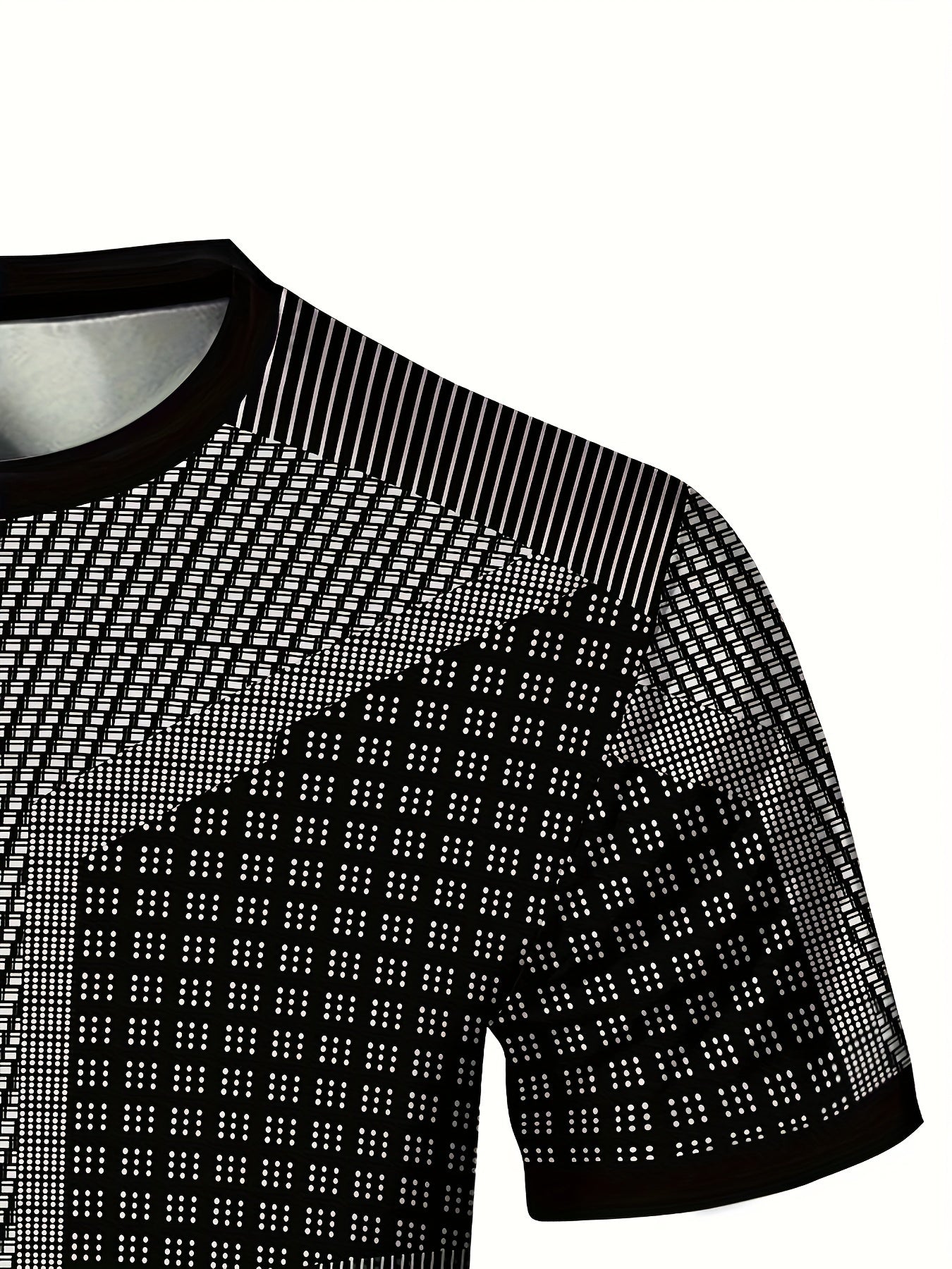 A Black And White Patterned Print Design, Men'S Sporty Fashion, Geometric Print High-Elastic Tight-Fitting Short-Sleeve Round-Neck T-Shirt, Quick-Drying Sports Top for Summer Fitness, Training, And Workout, with a Cool Feel,