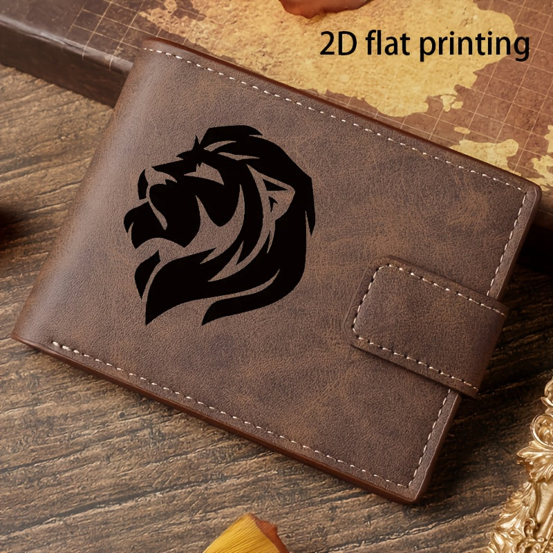 Lion Head Print Minimalist Design Wallet | Men'S Card Holder with Multiple Slots, Coin Purse, Document Organizer, Faux Leather, Casual Style