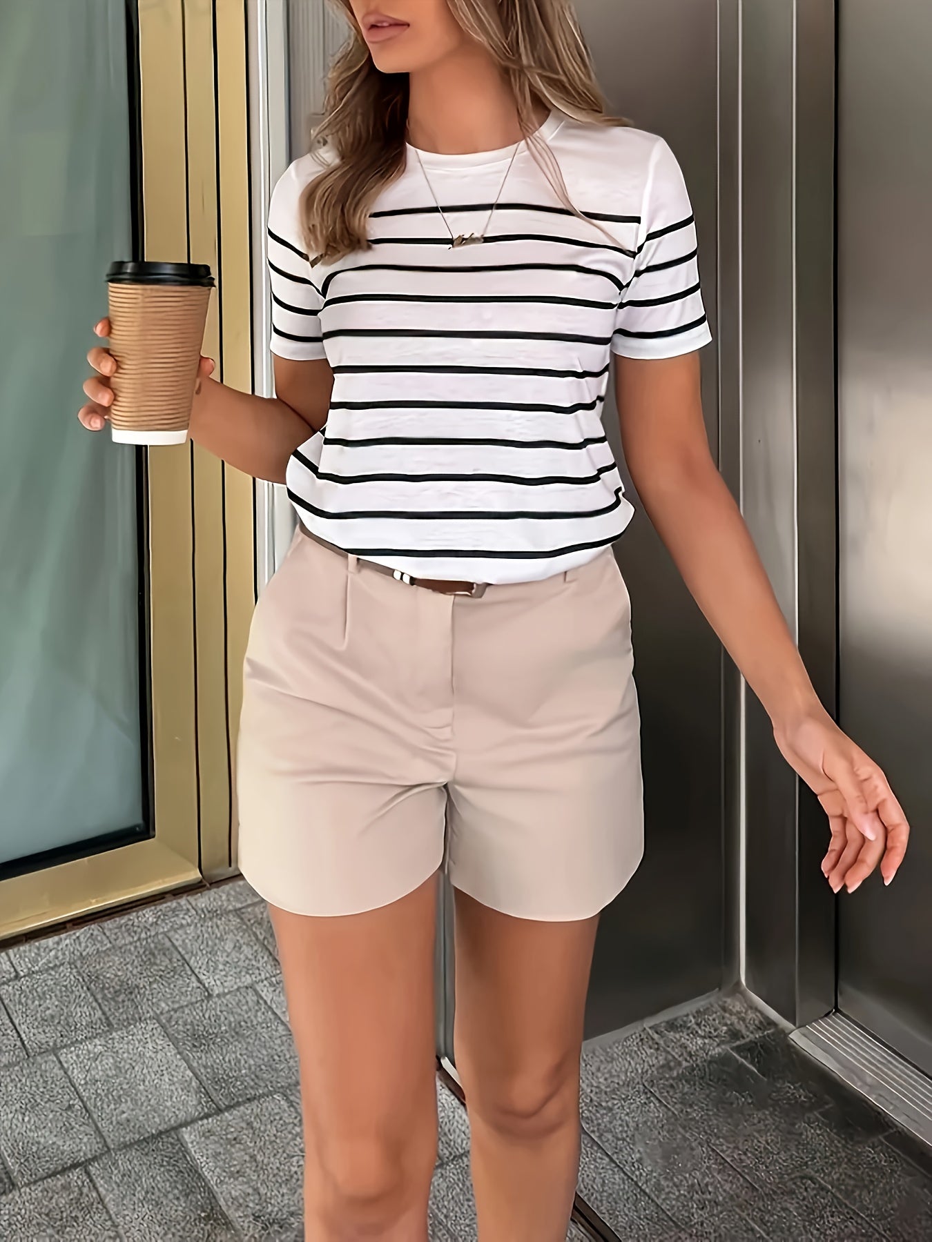 Women'S Y2K Green & White Striped T-Shirt - Casual, Versatile Top for Spring/Summer, Short Sleeve, Round Neck, Casual Attire | Casual Style | Glossy Finish