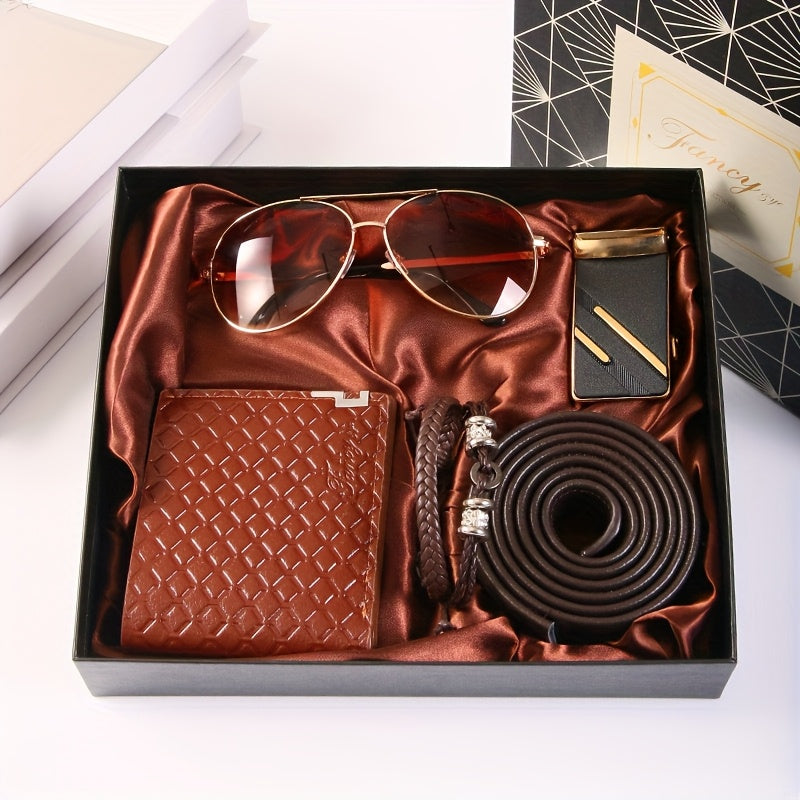 5pcs Men'S Gift Set: Automatic Buckle Belt, Exquisite Fashion Glasses, Bracelet, Stylish Wallet, with Gift Box. Fashionable Set, Essential for Trendy Men