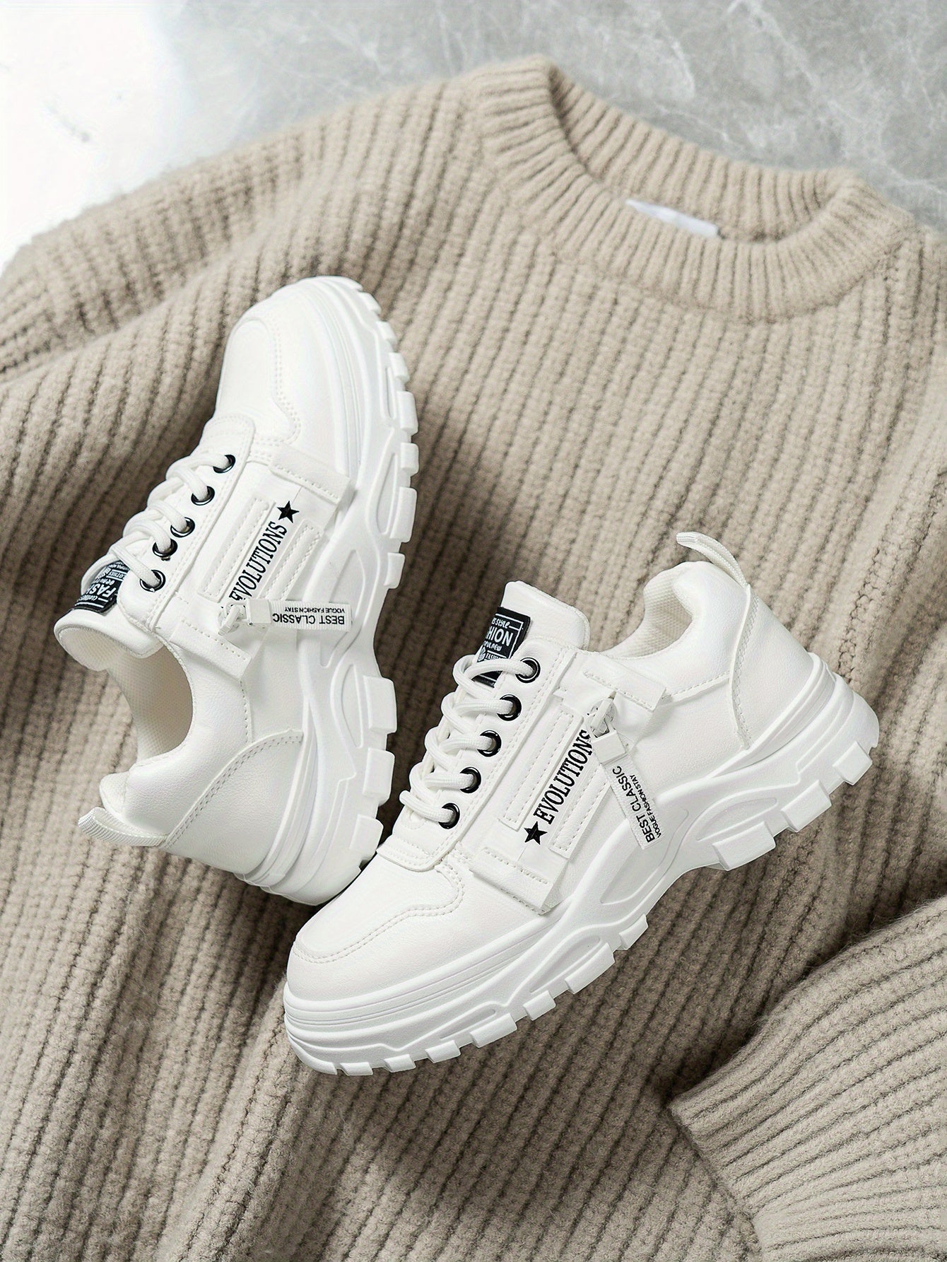 Women'S Breathable Knit Sneakers - Lightweight Thick Sole Casual Walking Shoes in White Black, Synthetic Cover Upper with Rubber Outsole, Lace-Up Low-Top Design for Indoor/Outdoor, Travel, Beach Shopping - Cute Gift for M