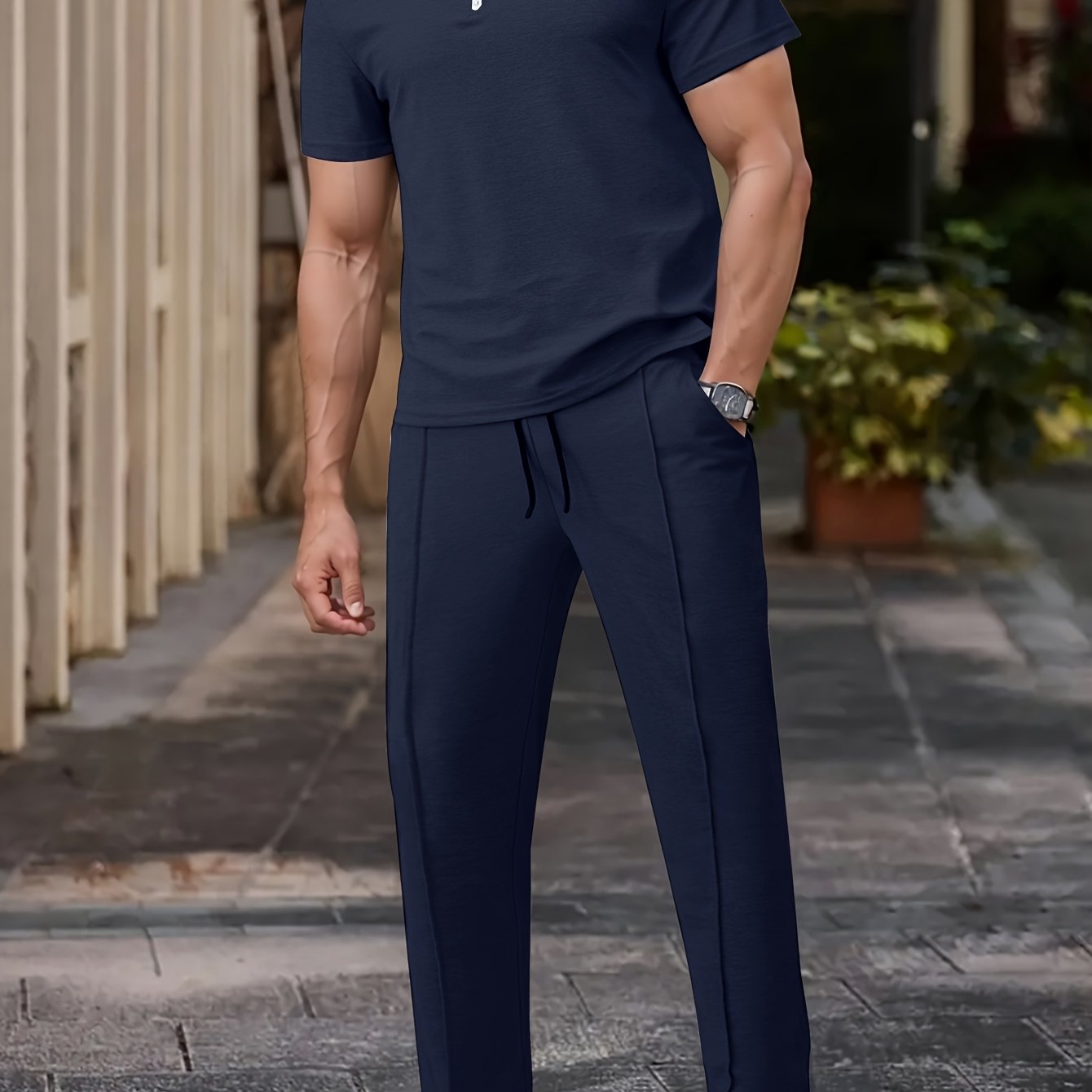 Men'S Summer Solid Color Trendy Casual Suit Collared Short Sleeve Long Pants Suit, Perfect for Outdoor