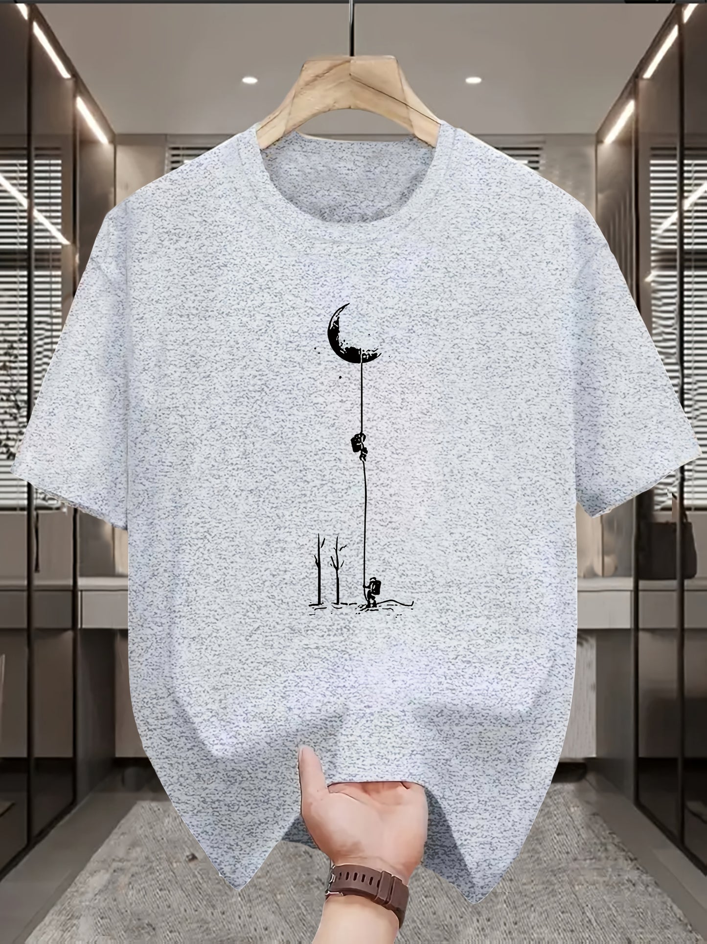 Men's Casual Graphic T-Shirt - Soft Polyester Blend, Crew Neck, Short Sleeve, Summer Style with Unique Moon and Figures Print, Lightweight and Comfortable for Casual Attire, Everyday Tshirt Artistic Design Shirt Lightweig