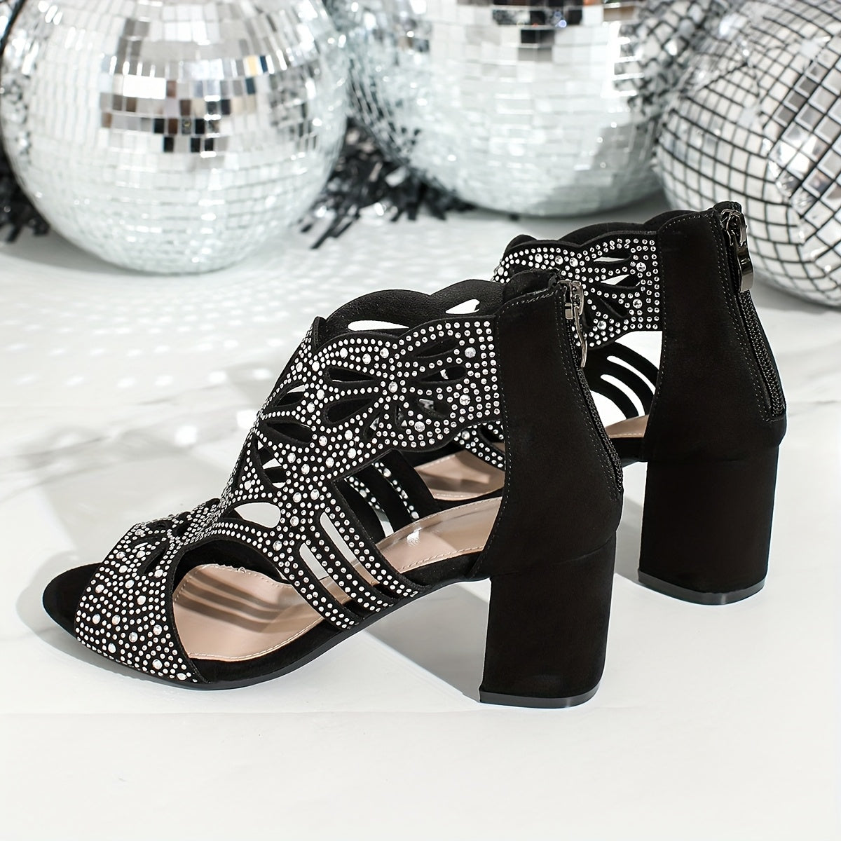 Elegant Black Floral Cut-Out High Heel Sandals for Women - Round Toe Block Heel with Zipper Closure, Ankle Strap, and Rhinestone Embellishments, Perfect for Parties and Formal Events, Formal Footwear Floral Embellished Shoe