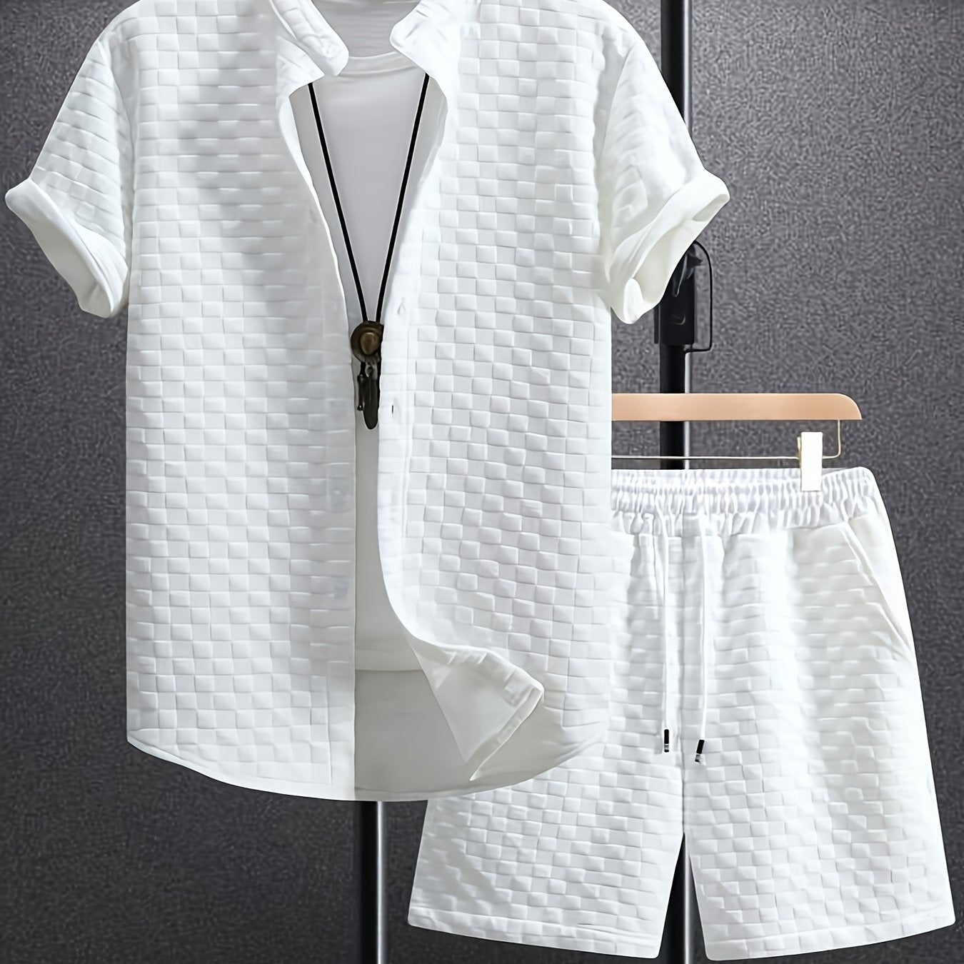 Men'S Casual Short Sleeve Button-Up Shirt & Shorts Set - Solid Black, Breathable Polyester Blend, Regular Fit for Summer, Everyday Comfort, Casual Summer Wear | Buttonup Shirt | Polyester Blend