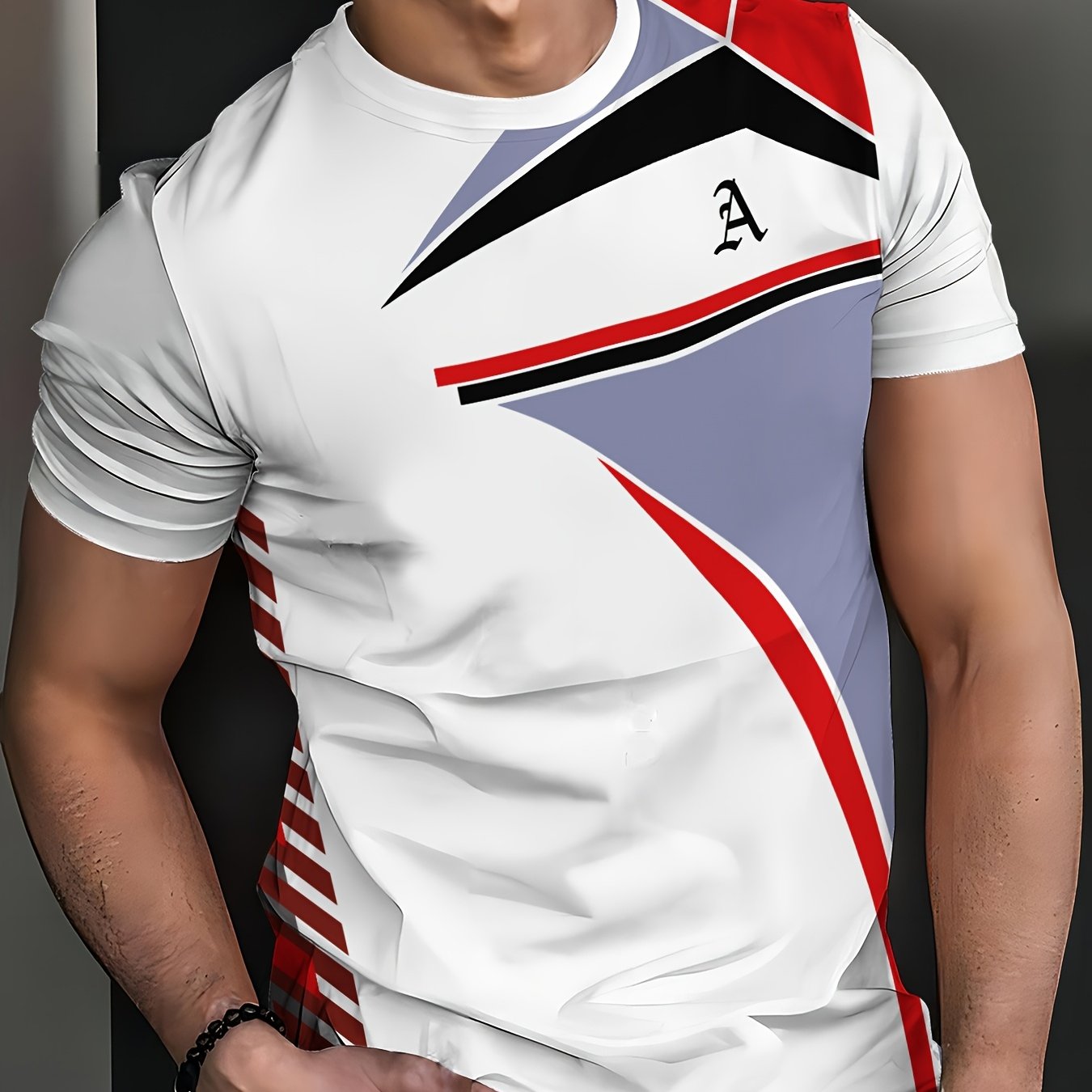 Men's Black 3D Geometric Print T-Shirt – Casual Short Sleeve Summer Tee with Red Gray Accents, Round Neck, Machine Washable for Outdoor Sports, Everyday Comfort, Durable Fabric