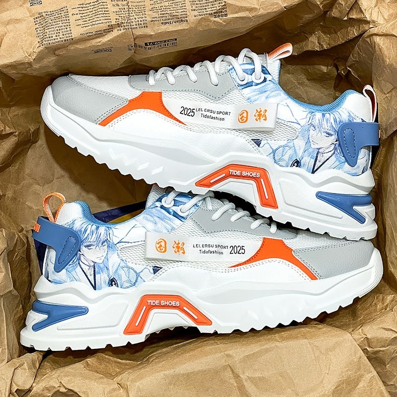Men's Stylish Platform Sneakers with Wave Pattern - Comfortable, Non-Slip Durable for Outdoor, Campus Walks Travel Lace-Up, Breathable Design, for Autumn, Spring
