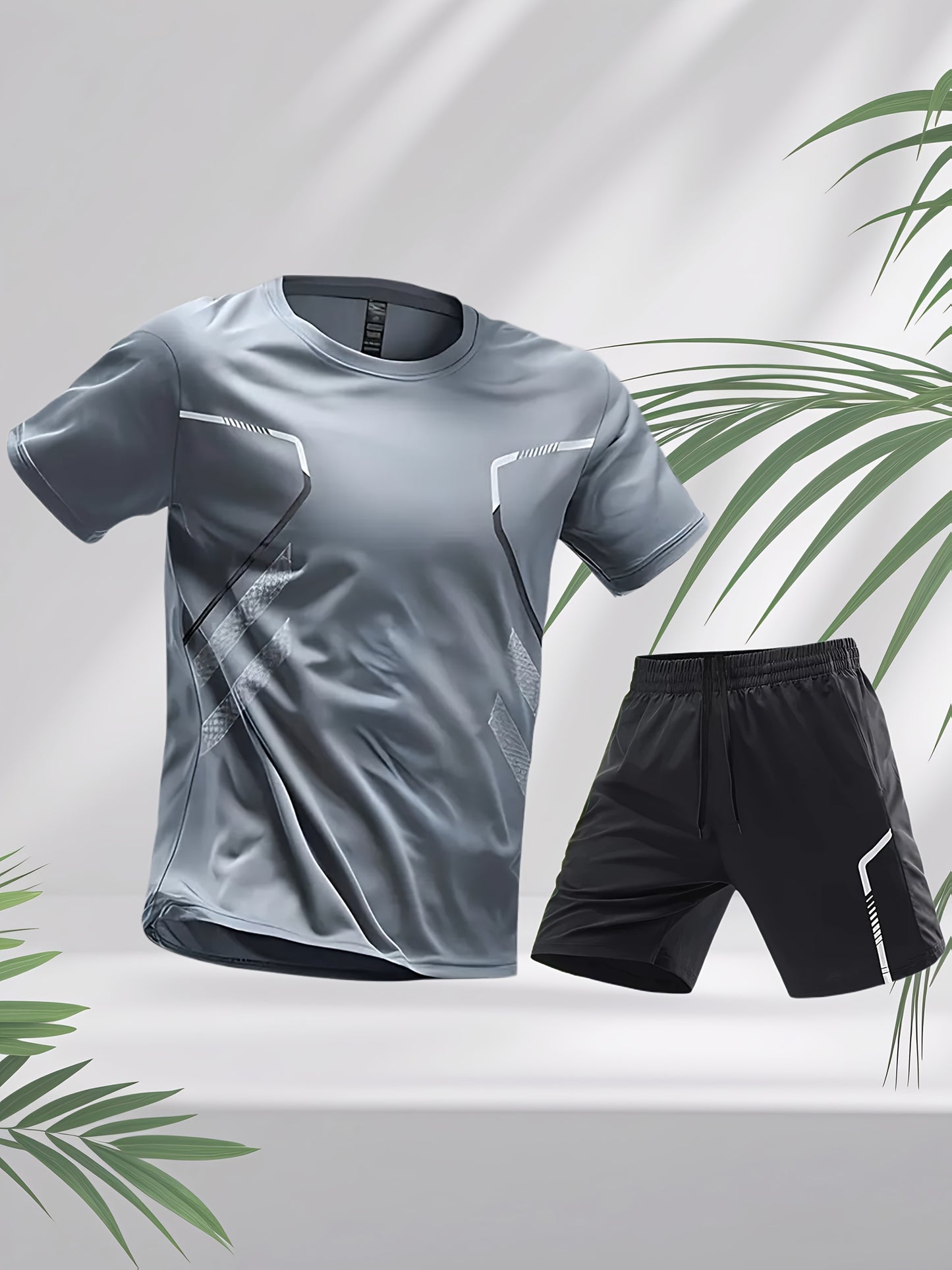 2pcs Men's Running Sportswear Set Summer Ice Sliky Fiber Fabric Quick-Dry Sweat-Absorbent Fitness Casual Short Sleeve Shorts Outfit