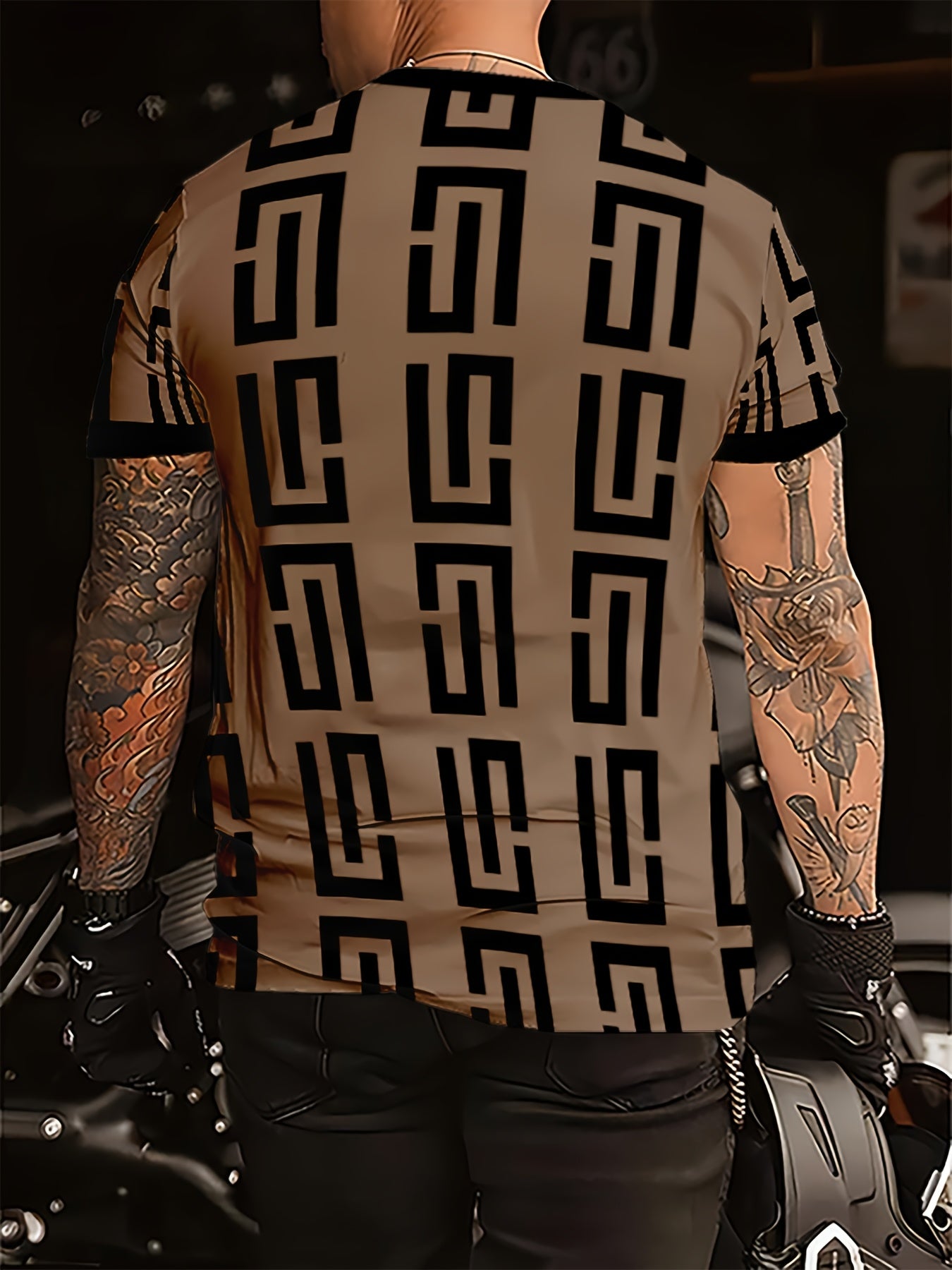 Men's Geometric Print T-Shirt - Stylish Black Gray Pattern, Short Sleeve, Round Neck, Breathable Fabric, Perfect for Casual or Formal Wear, Versatile Clothing Modern Look Comfortable Fit