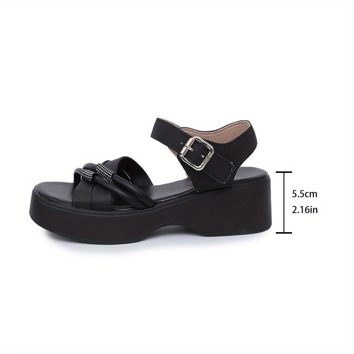 Women'S Plus Size Fashion Platform Sandals - Black Open Toe with Buckle Closure, Thick Sole, PU Cover, Comfortable Summer Shoes for Casual Wear, Strappy Sandals