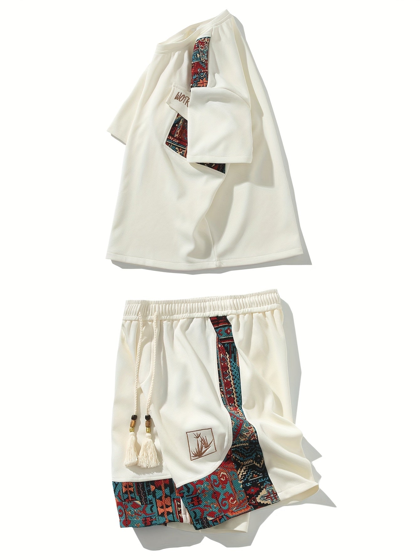 2pcs Men's Summer Casual Outdoor Set, Fashion Ethnic Style Round Neck Short Sleeve T-Shirt and Shorts Suit with Embroidery Design Loose Fit, Short Sleeve + Drawstring Shorts Combo, Suitable for Summer Outdoor Activities